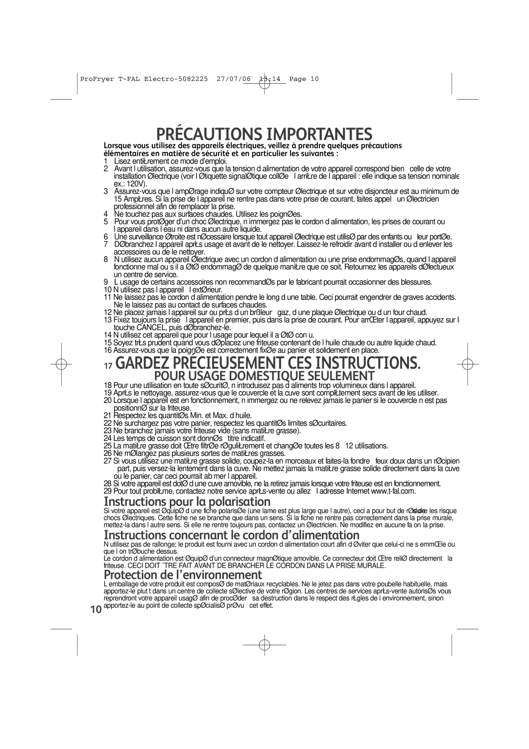 Groupe SEB USA - T-FAL Pro-Fryer Précautions Importantes, Instructions pour la polarisation, Protection de l’environnement 