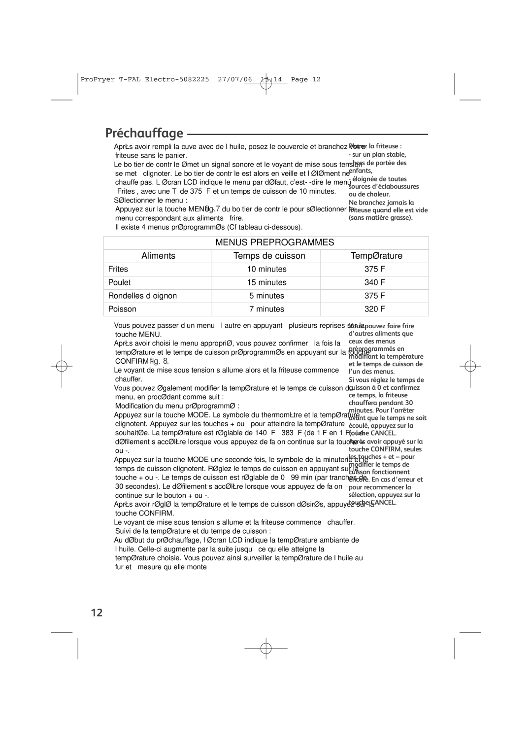 Groupe SEB USA - T-FAL Pro-Fryer manual Préchauffage, Frites, Poulet, Rondelles d’oignon, Poisson 