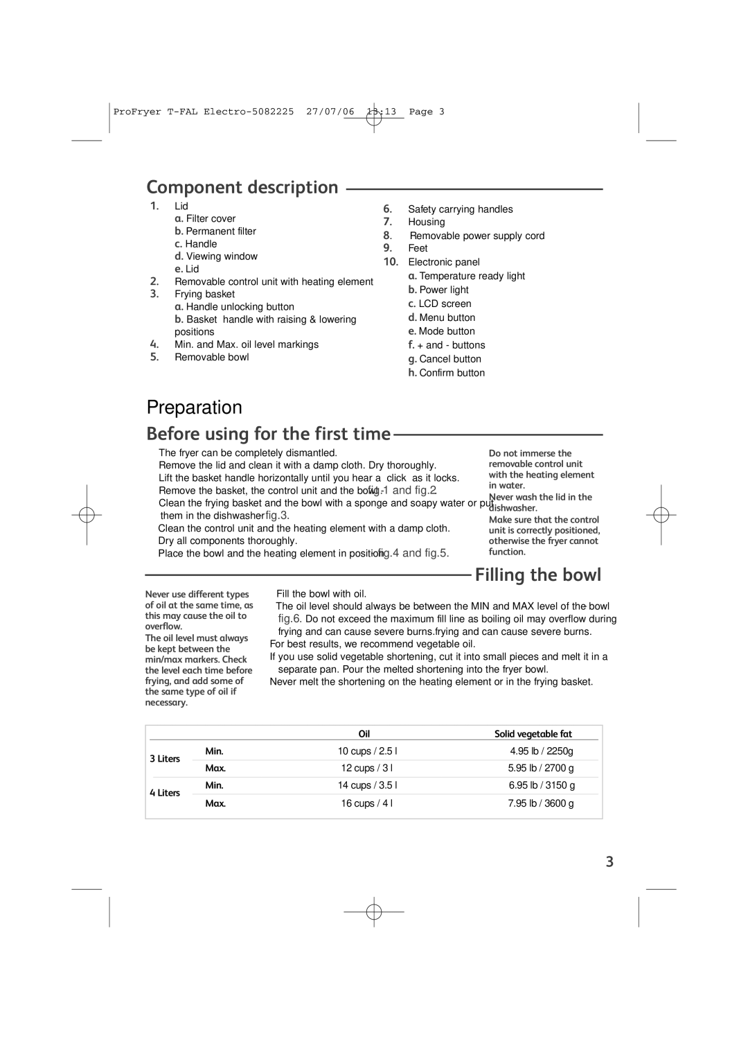 Groupe SEB USA - T-FAL Pro-Fryer manual Component description, Before using for the first time, Filling the bowl 