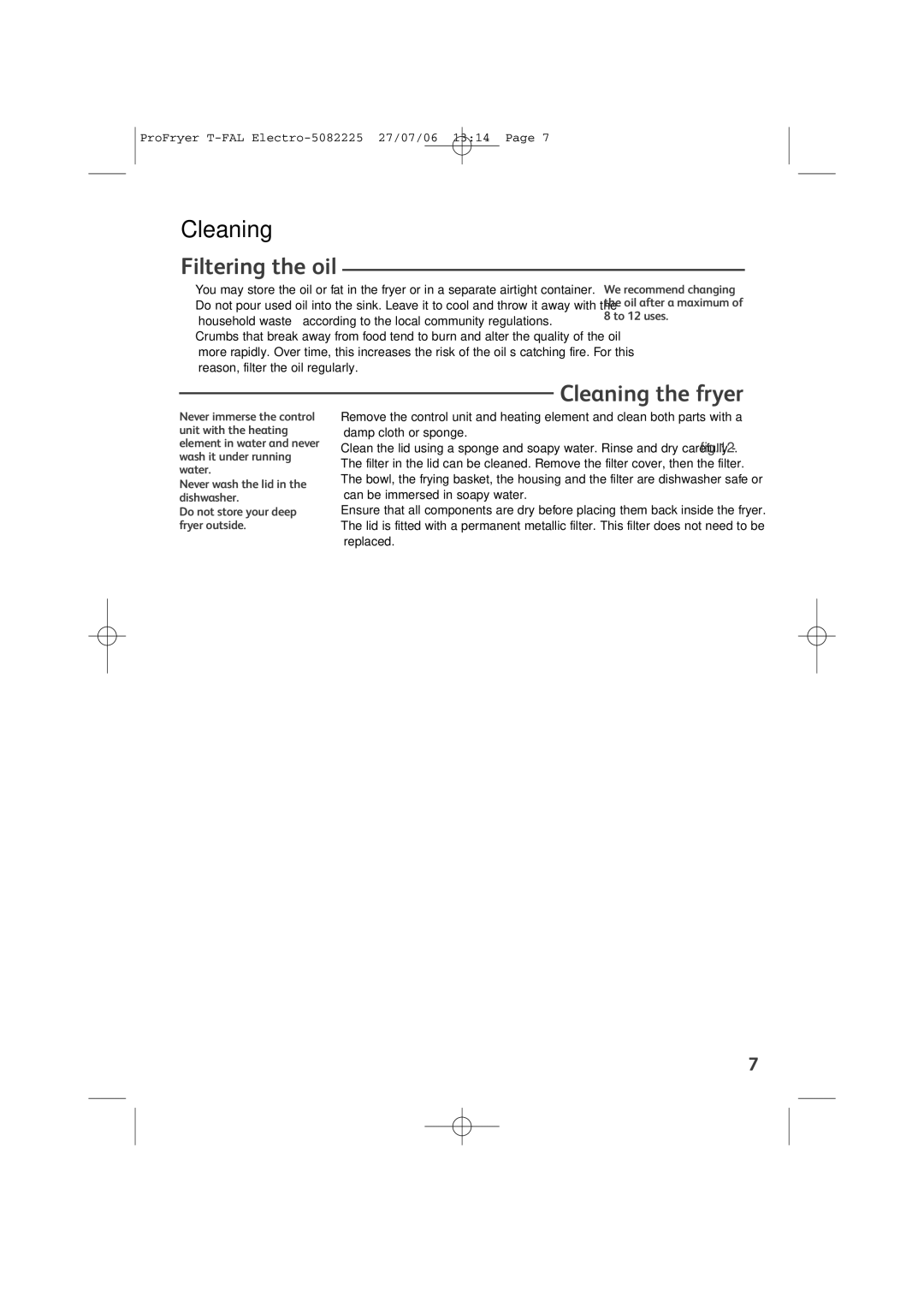 Groupe SEB USA - T-FAL Pro-Fryer manual Filtering the oil, Cleaning the fryer 