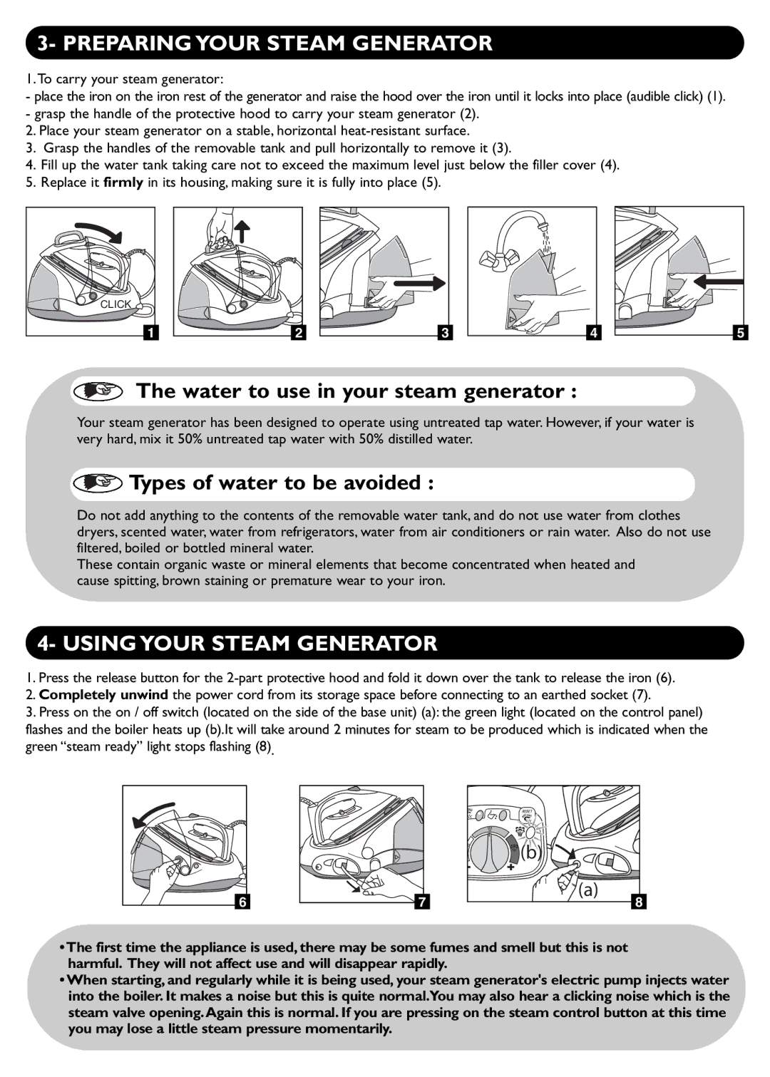 Groupe SEB USA - T-FAL PROTECT TURBO manual Preparing Your Steam Generator, Using Your Steam Generator 