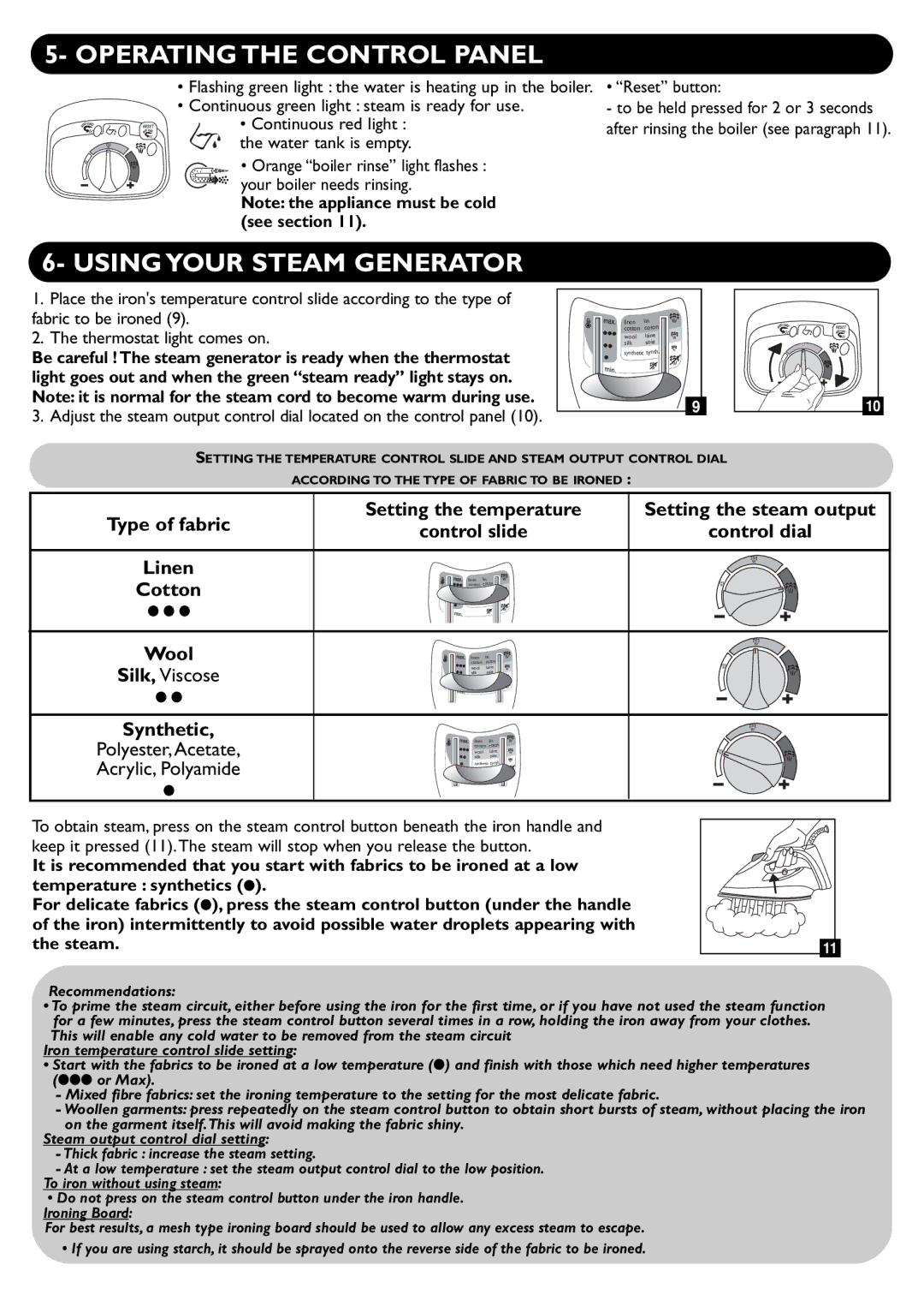 Groupe SEB USA - T-FAL PROTECT TURBO manual Operating the Control Panel, Continuous green light steam is ready for use 