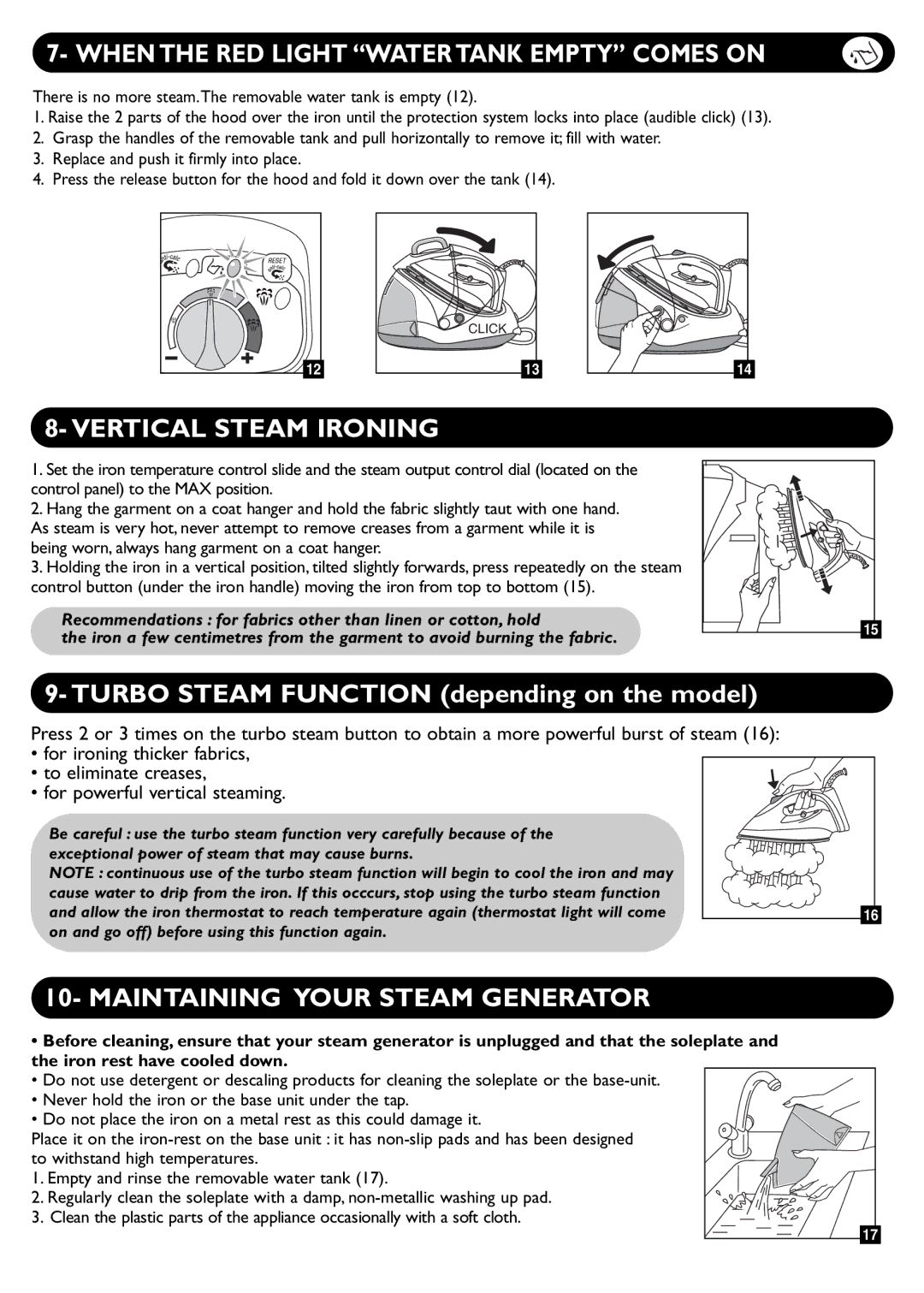 Groupe SEB USA - T-FAL PROTECT TURBO manual When the RED Light Water Tank Empty Comes on, Vertical Steam Ironing 