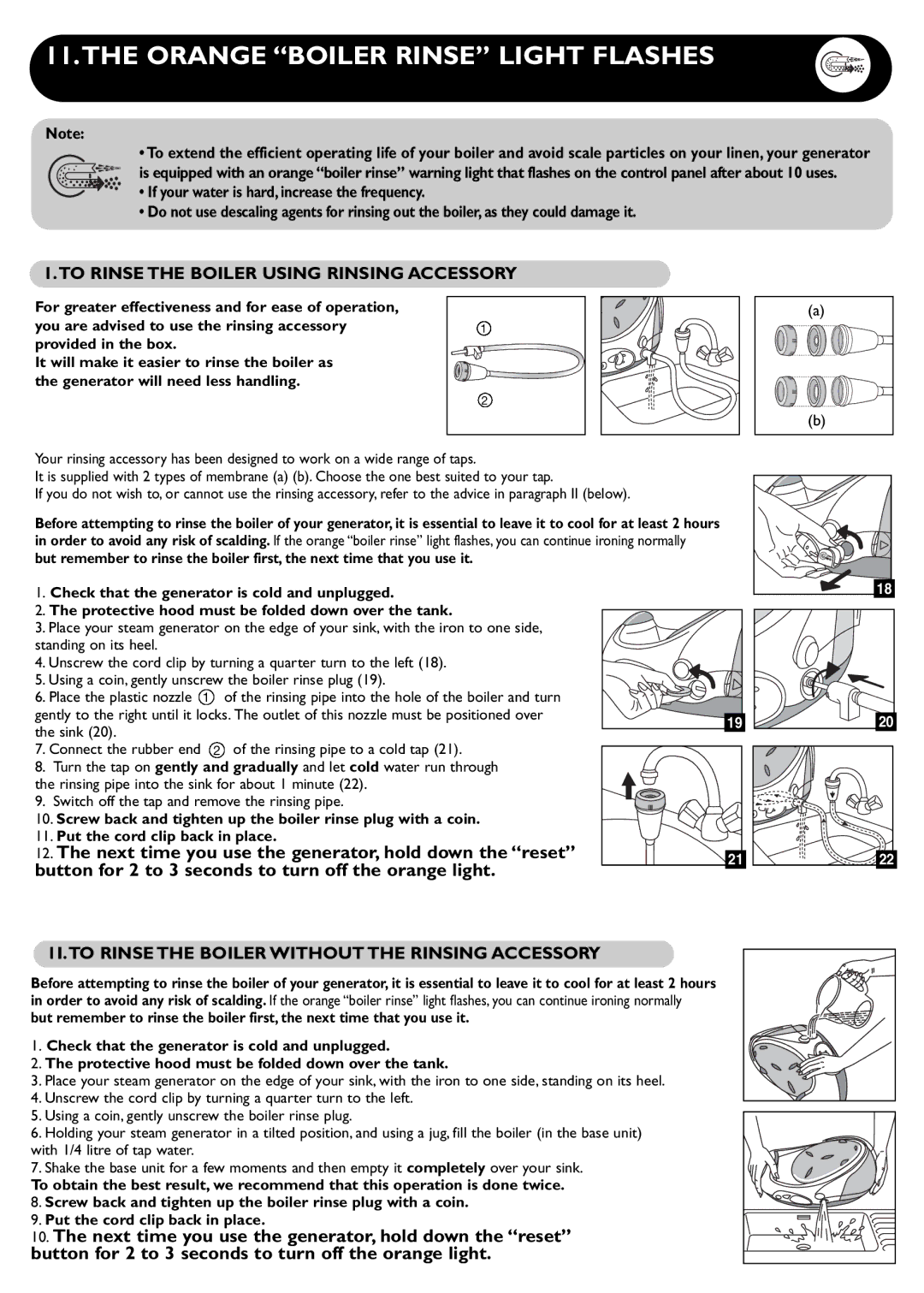 Groupe SEB USA - T-FAL PROTECT TURBO manual Orange Boiler Rinse Light Flashes, To Rinse the Boiler Using Rinsing Accessory 