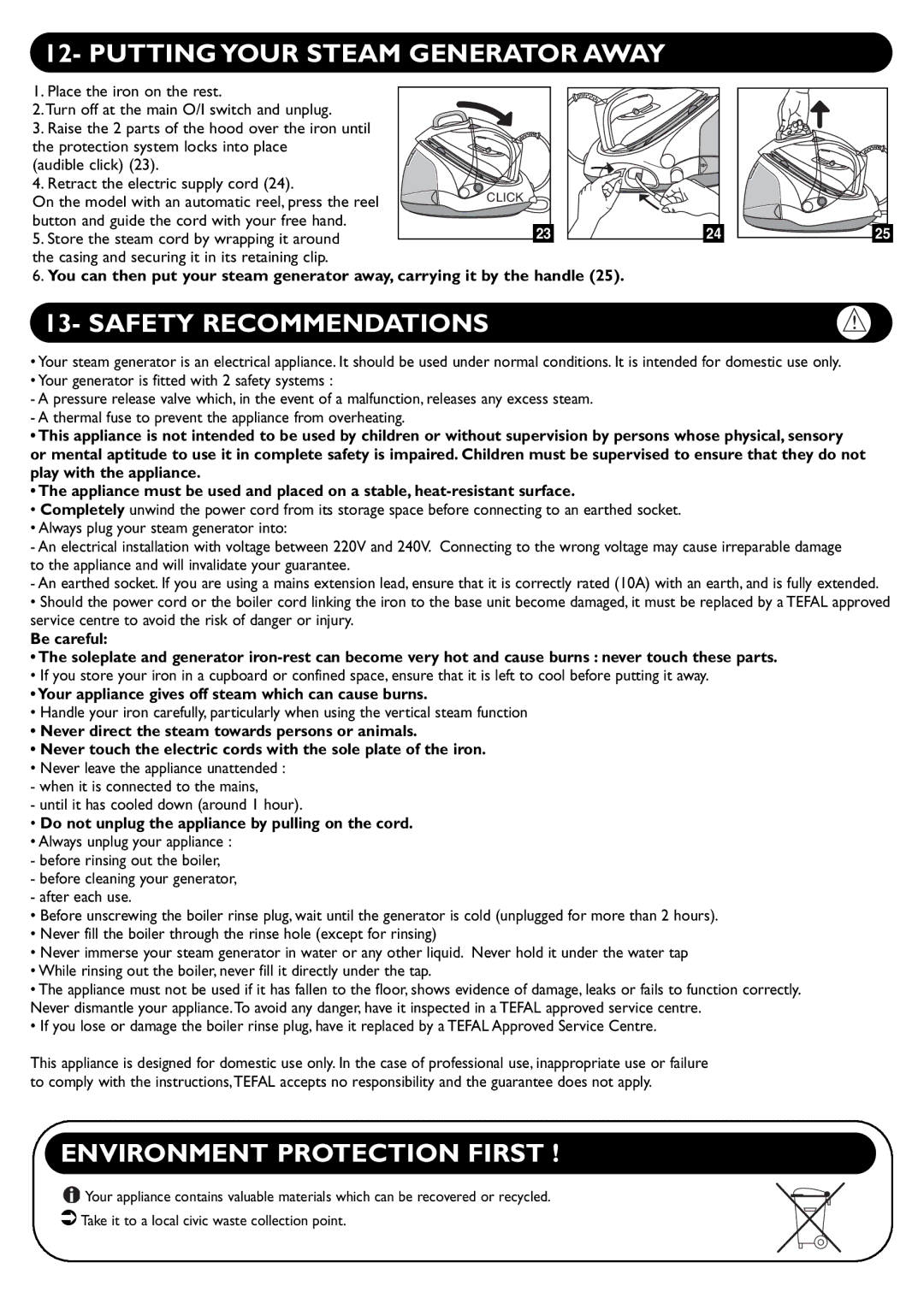 Groupe SEB USA - T-FAL PROTECT Putting Your Steam Generator Away, Safety Recommendations, Environment Protection First 