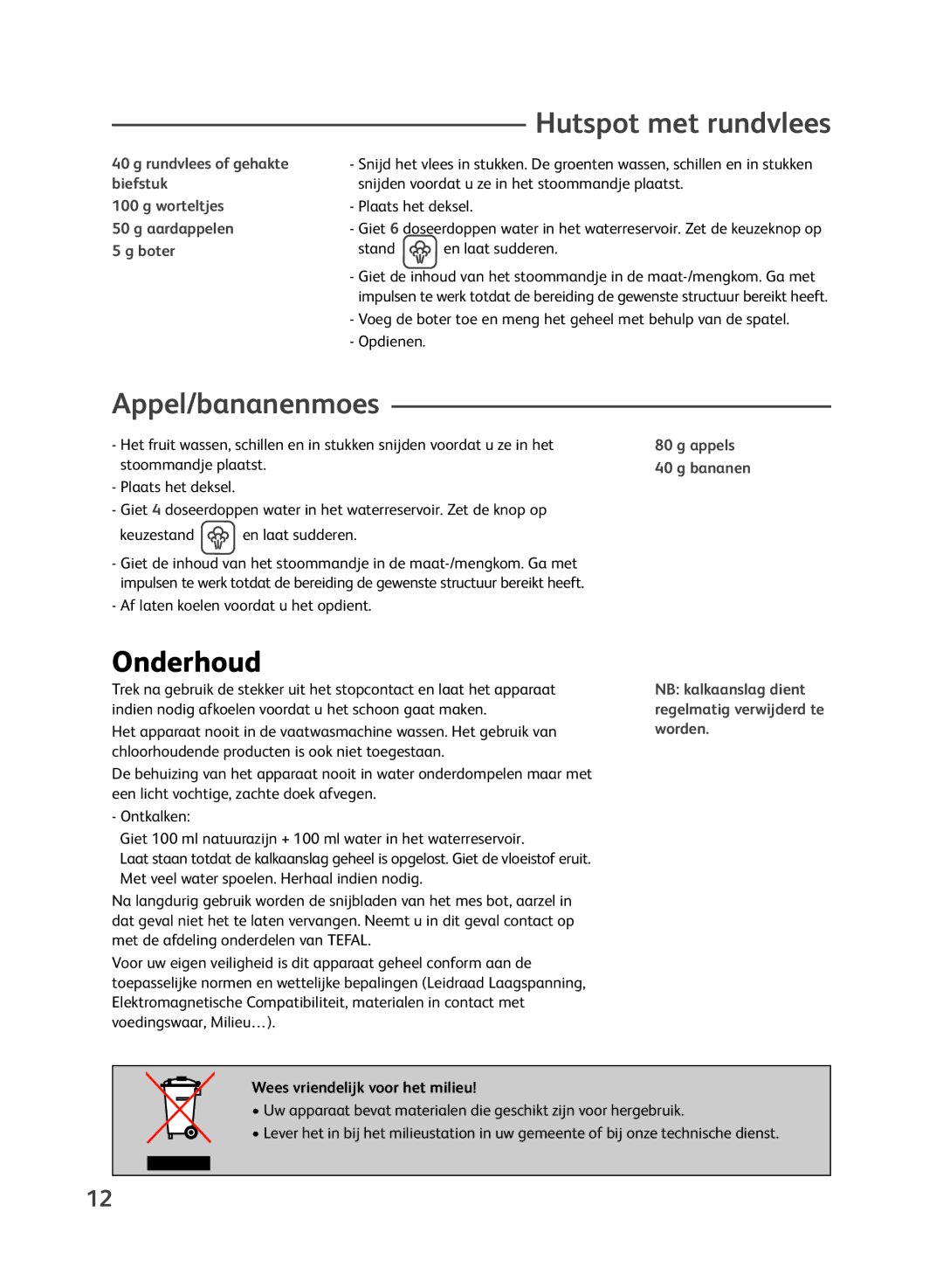 Groupe SEB USA - T-FAL Steamer Blender manual Appel/bananenmoes, Hutspot met rundvlees, Rundvlees of gehakte 