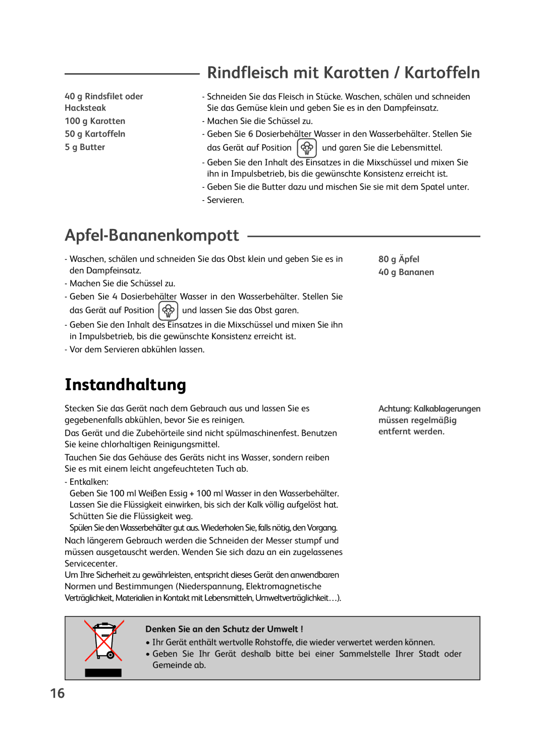 Groupe SEB USA - T-FAL Steamer Blender manual Apfel-Bananenkompott, Instandhaltung, Rindfleisch mit Karotten / Kartoffeln 