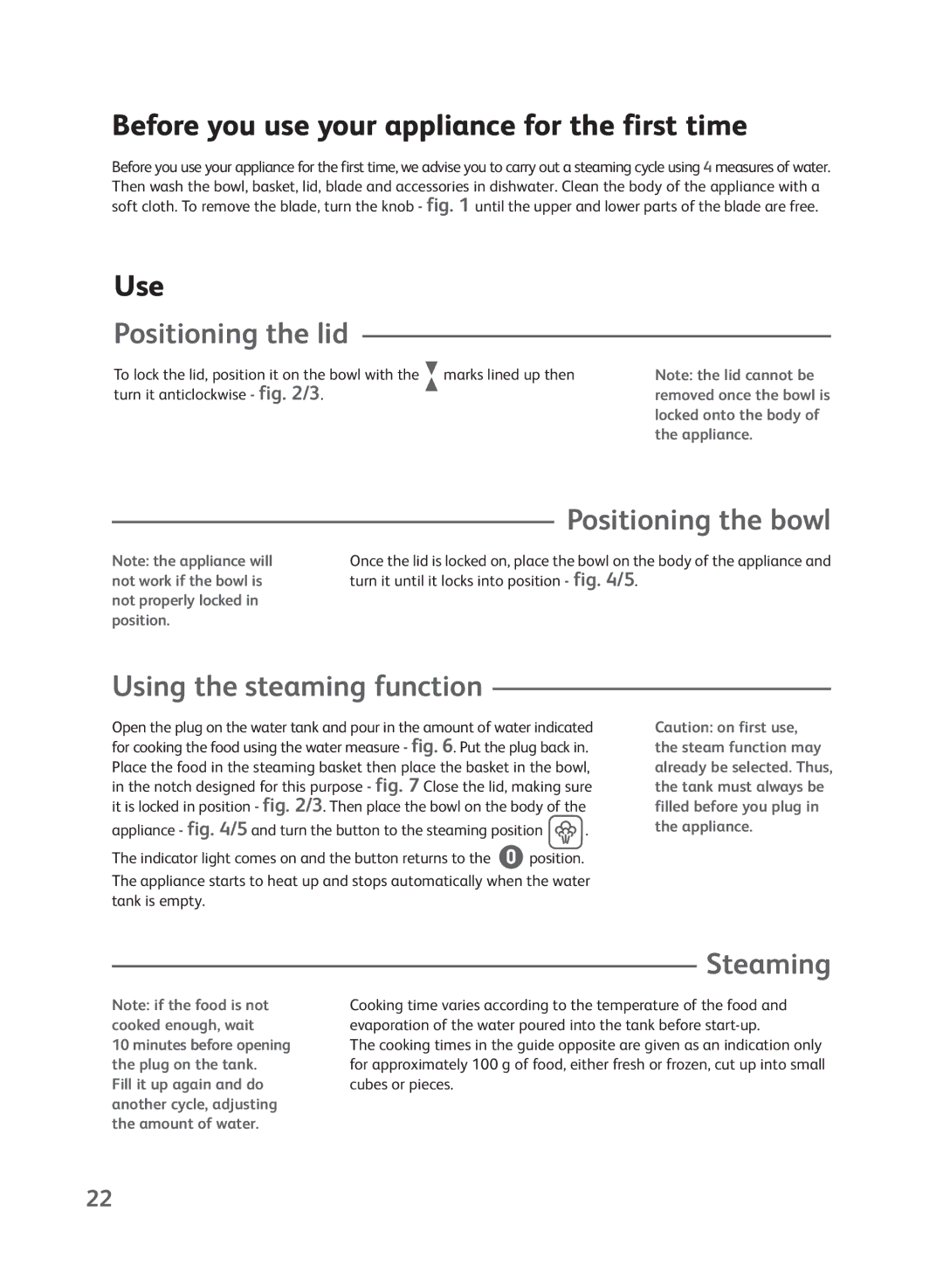 Groupe SEB USA - T-FAL Steamer Blender manual Before you use your appliance for the first time, Use, Positioning the lid 