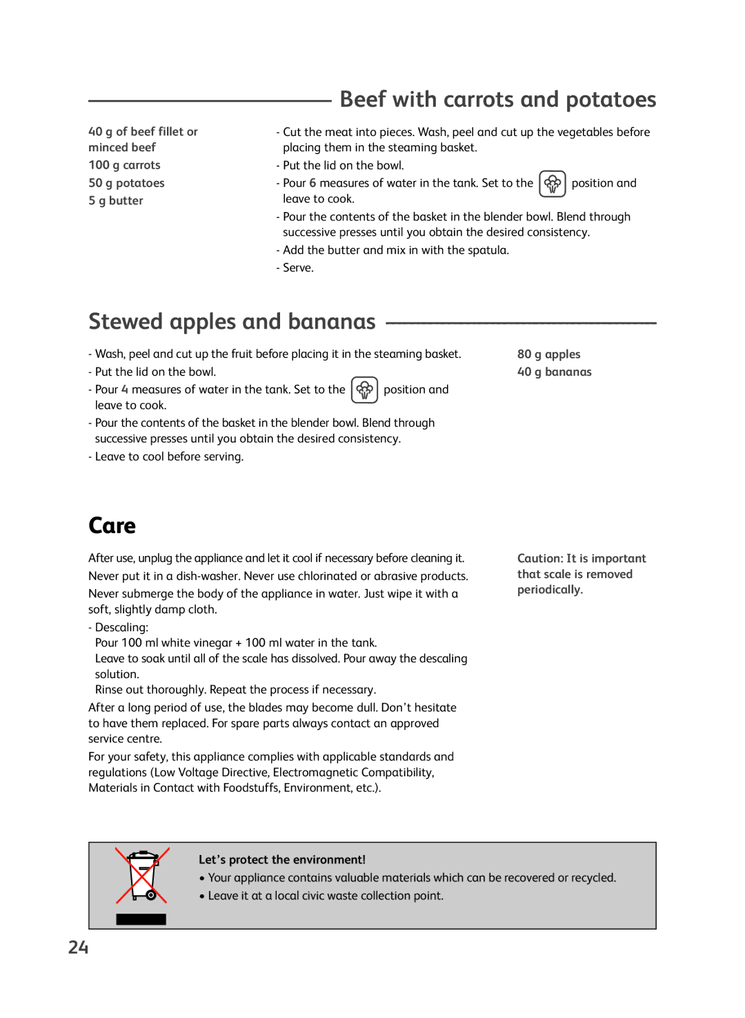 Groupe SEB USA - T-FAL Steamer Blender manual Care, Beef with carrots and potatoes, Stewed apples and bananas 