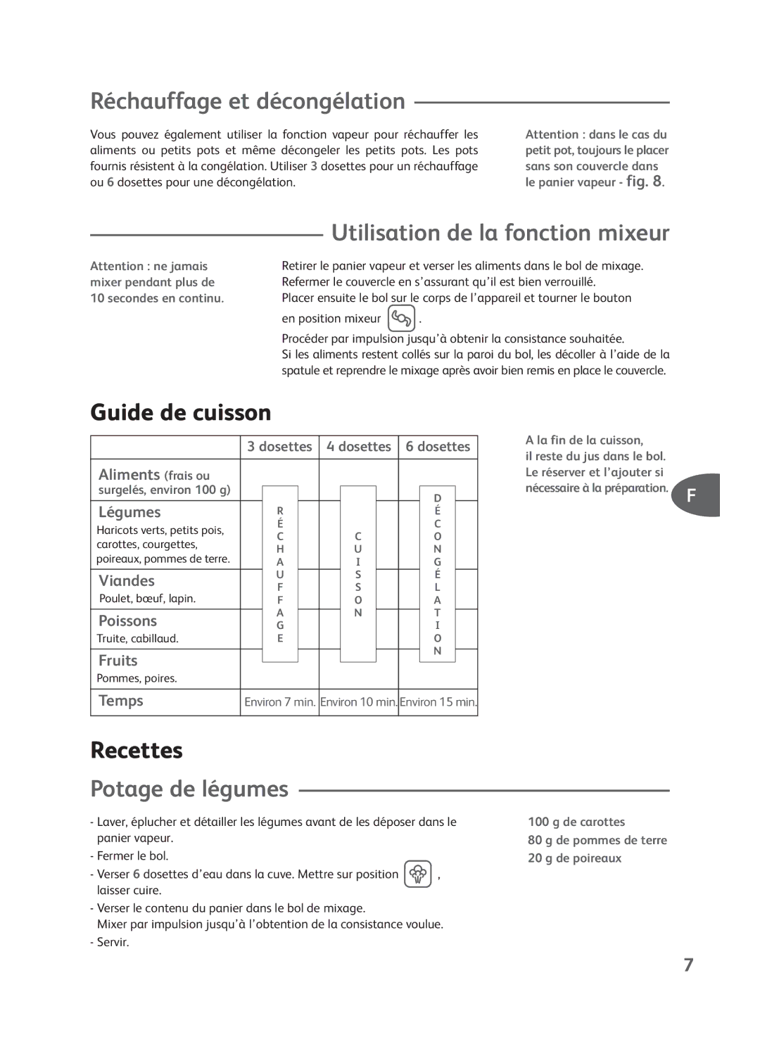 Groupe SEB USA - T-FAL Steamer Blender manual Réchauffage et décongélation, Guide de cuisson, Recettes, Potage de légumes 