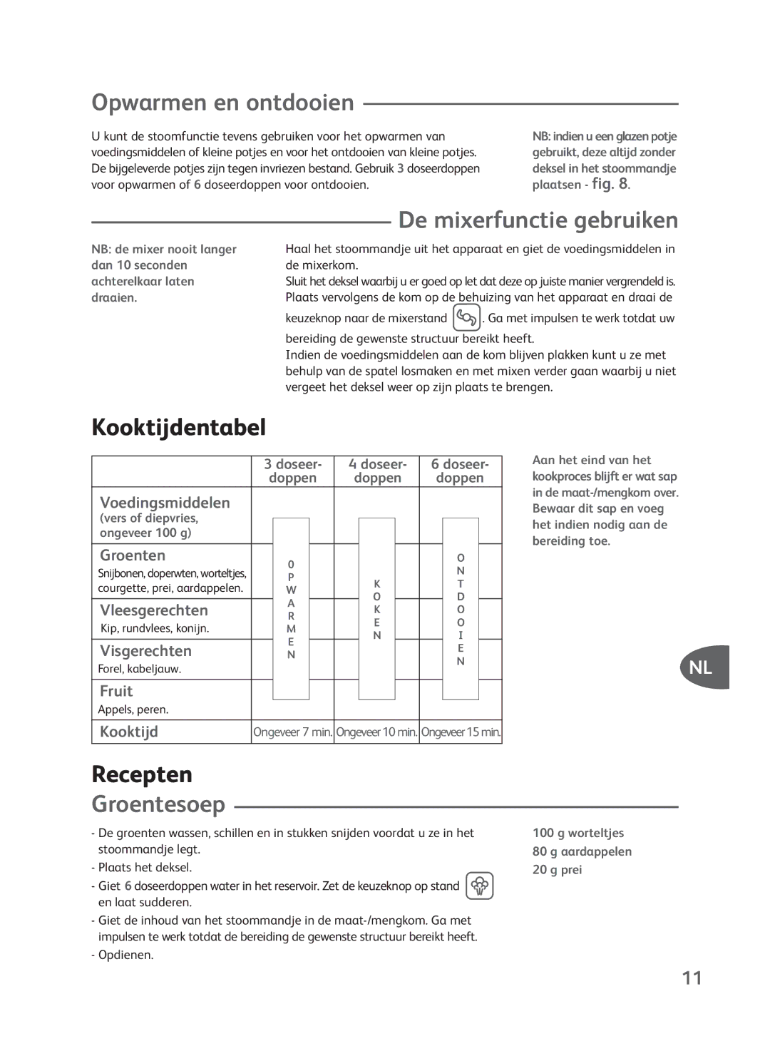 Groupe SEB USA - T-FAL Steamer Blender manual Opwarmen en ontdooien, Kooktijdentabel, Recepten, Groentesoep 