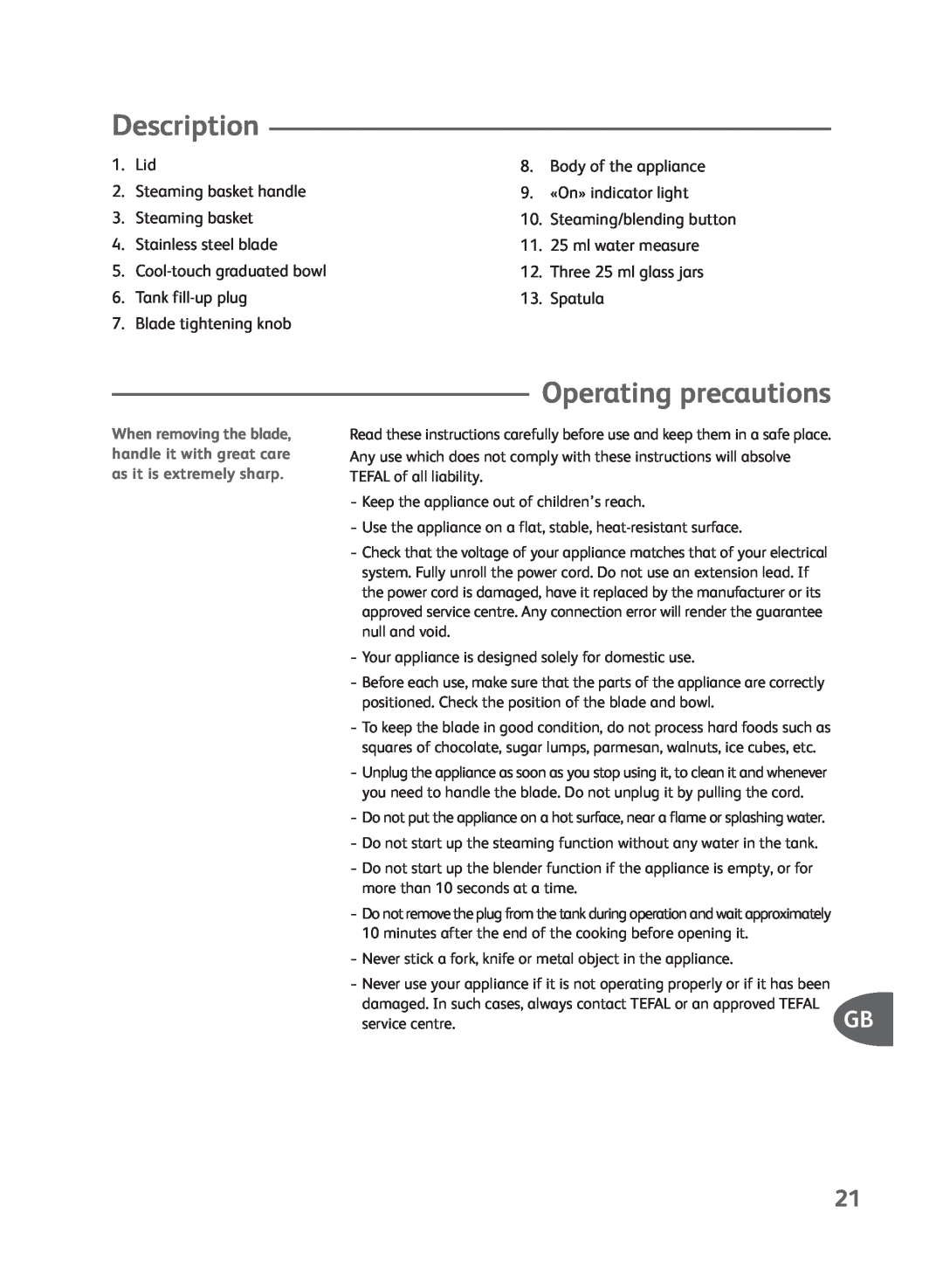 Groupe SEB USA - T-FAL Steamer Blender manual Operating precautions, Description 