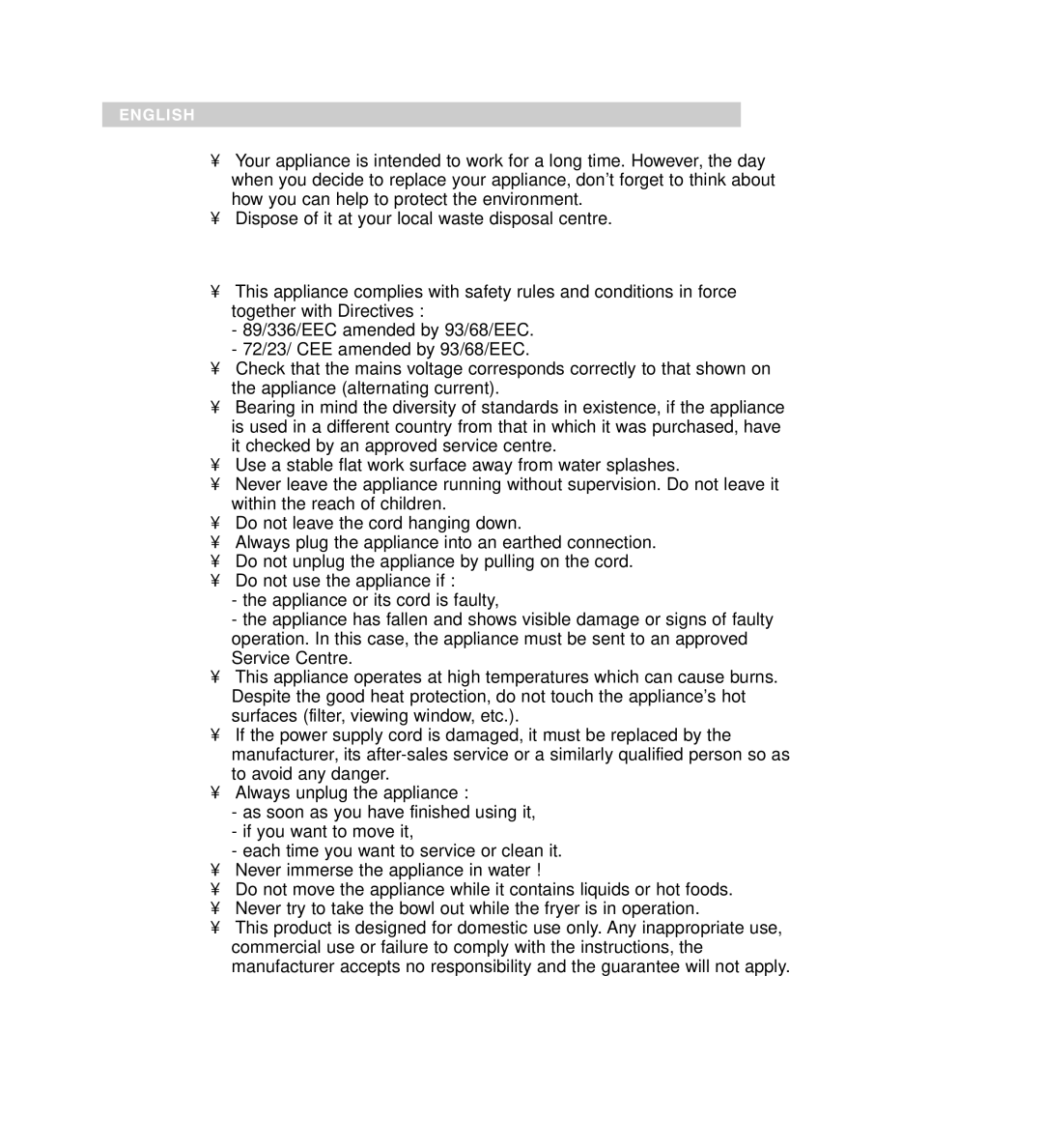 Groupe SEB USA - T-FAL Thermostat manual Protection of the environment, Safety instructions 