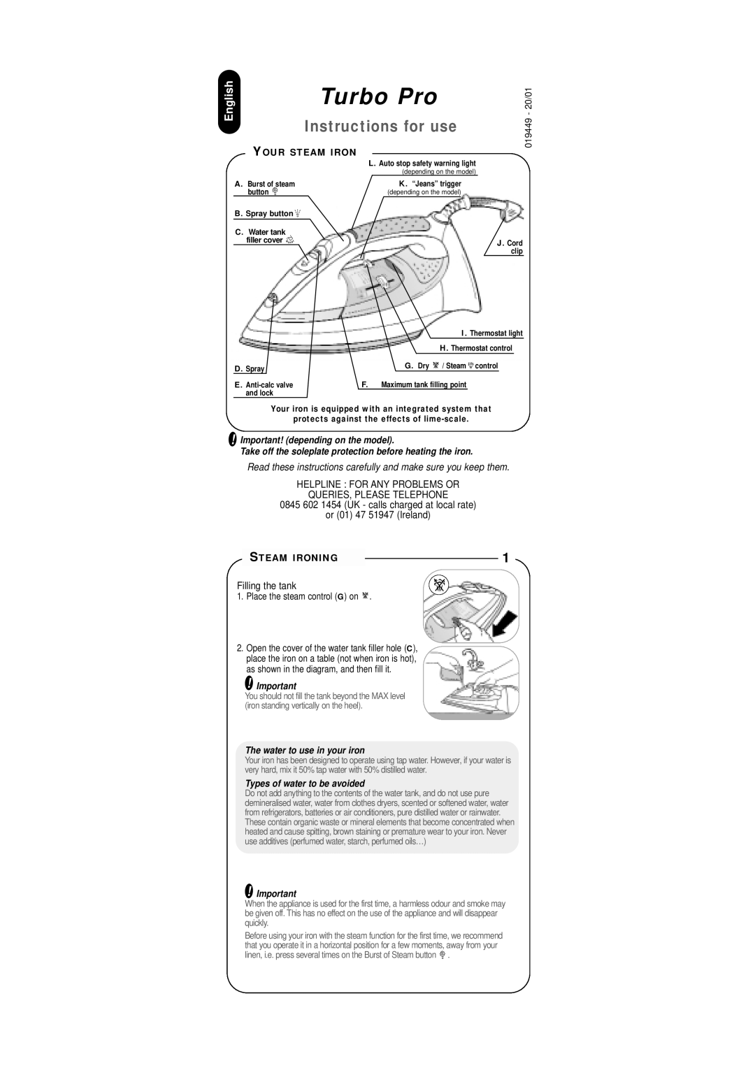 Groupe SEB USA - T-FAL Turbo Pro manual Filling the tank, Your Steam Iron, Steam Ironing, Water to use in your iron 