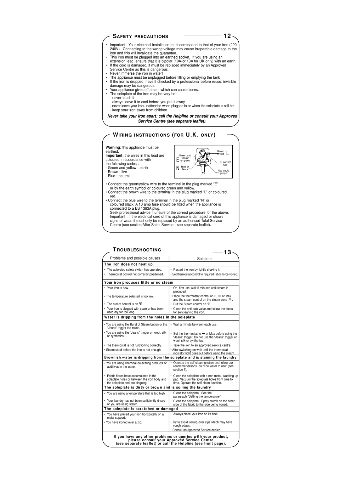 Groupe SEB USA - T-FAL Turbo Pro manual Safety Precautions, Service Centre see separate leaflet, Troubleshooting 