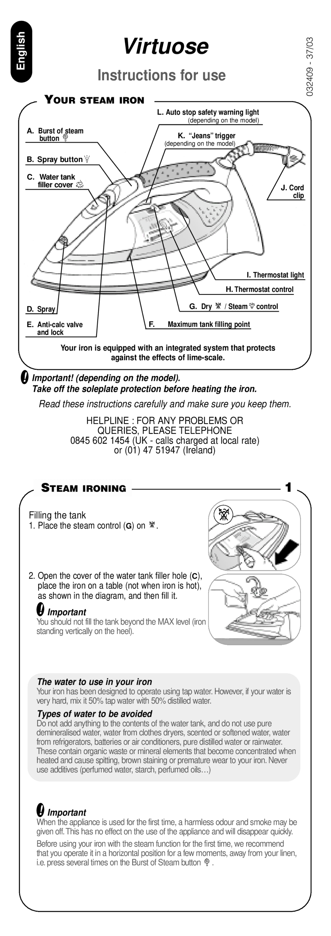 Groupe SEB USA - T-FAL Virtuose manual Filling the tank, Your Steam Iron, Steam Ironing, Water to use in your iron 