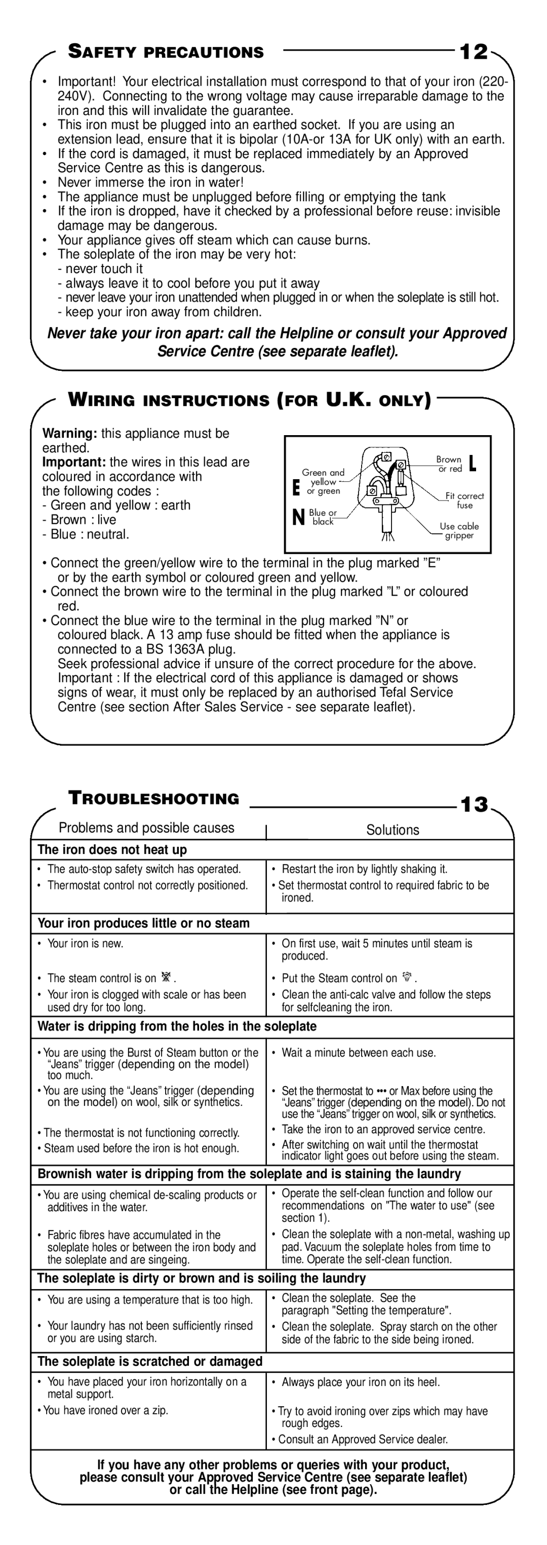 Groupe SEB USA - T-FAL Virtuose Safety Precautions, Service Centre see separate leaflet, Wiring Instructions for U.K. only 