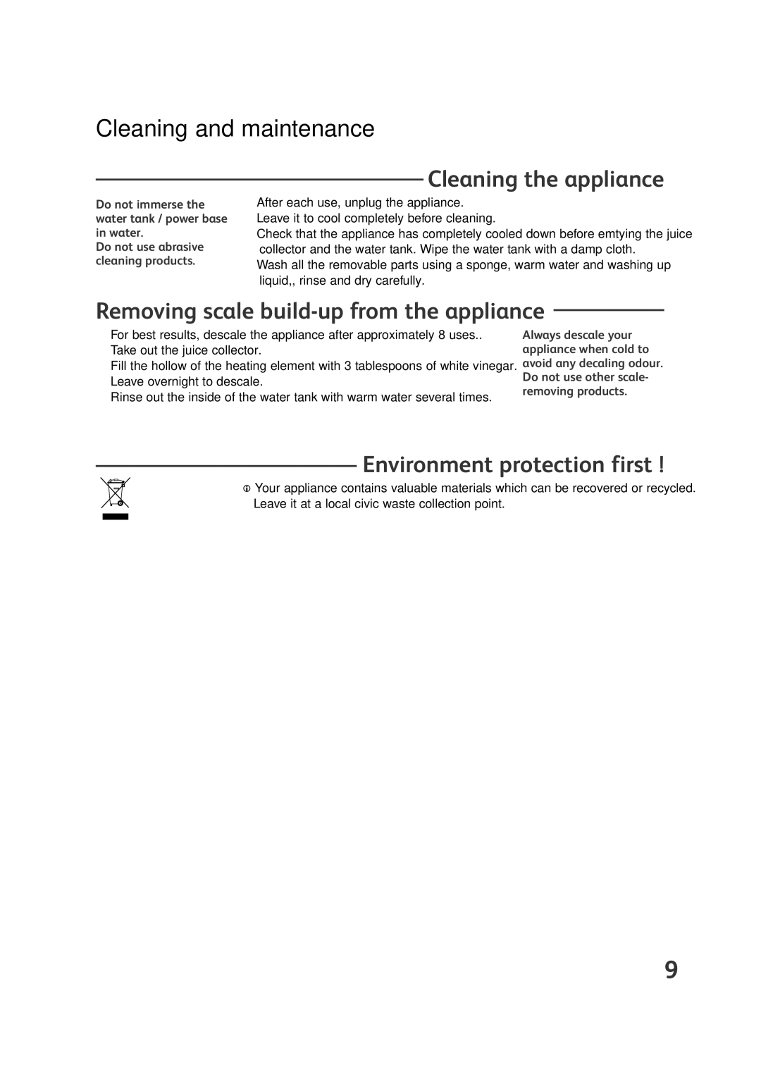 Groupe SEB USA - T-FAL VS4001 manual Cleaning the appliance, Removing scale build-up from the appliance 