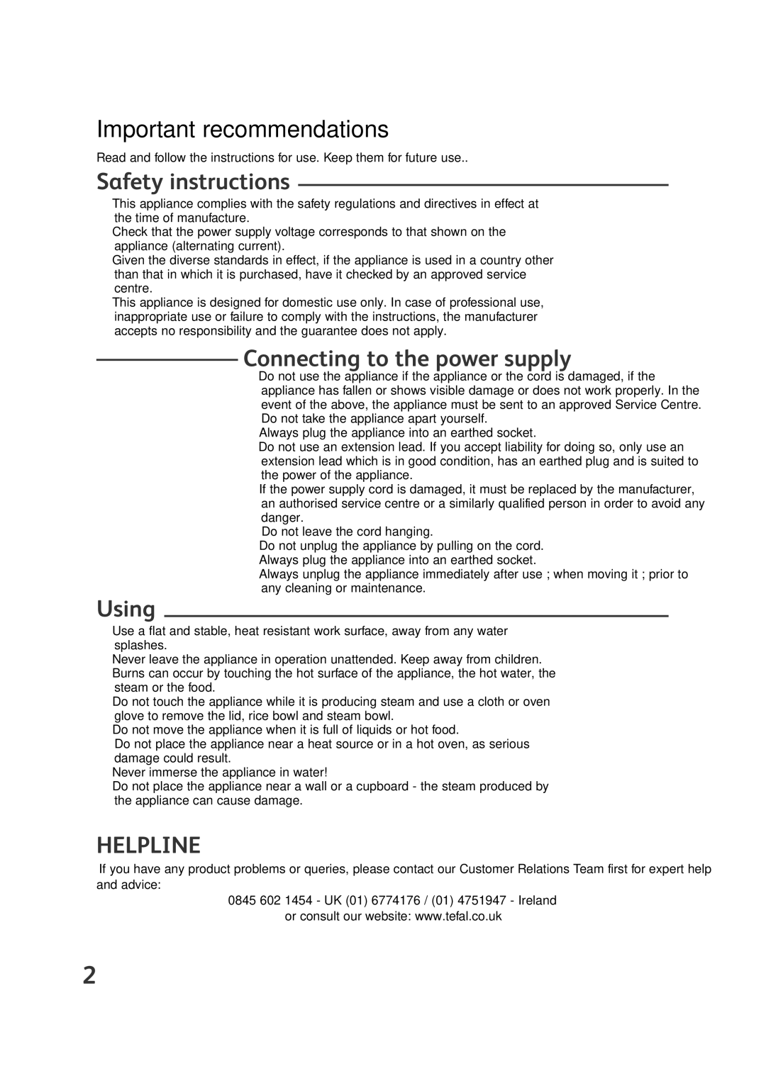 Groupe SEB USA - T-FAL VS4001 manual Safety instructions, Connecting to the power supply, Using 