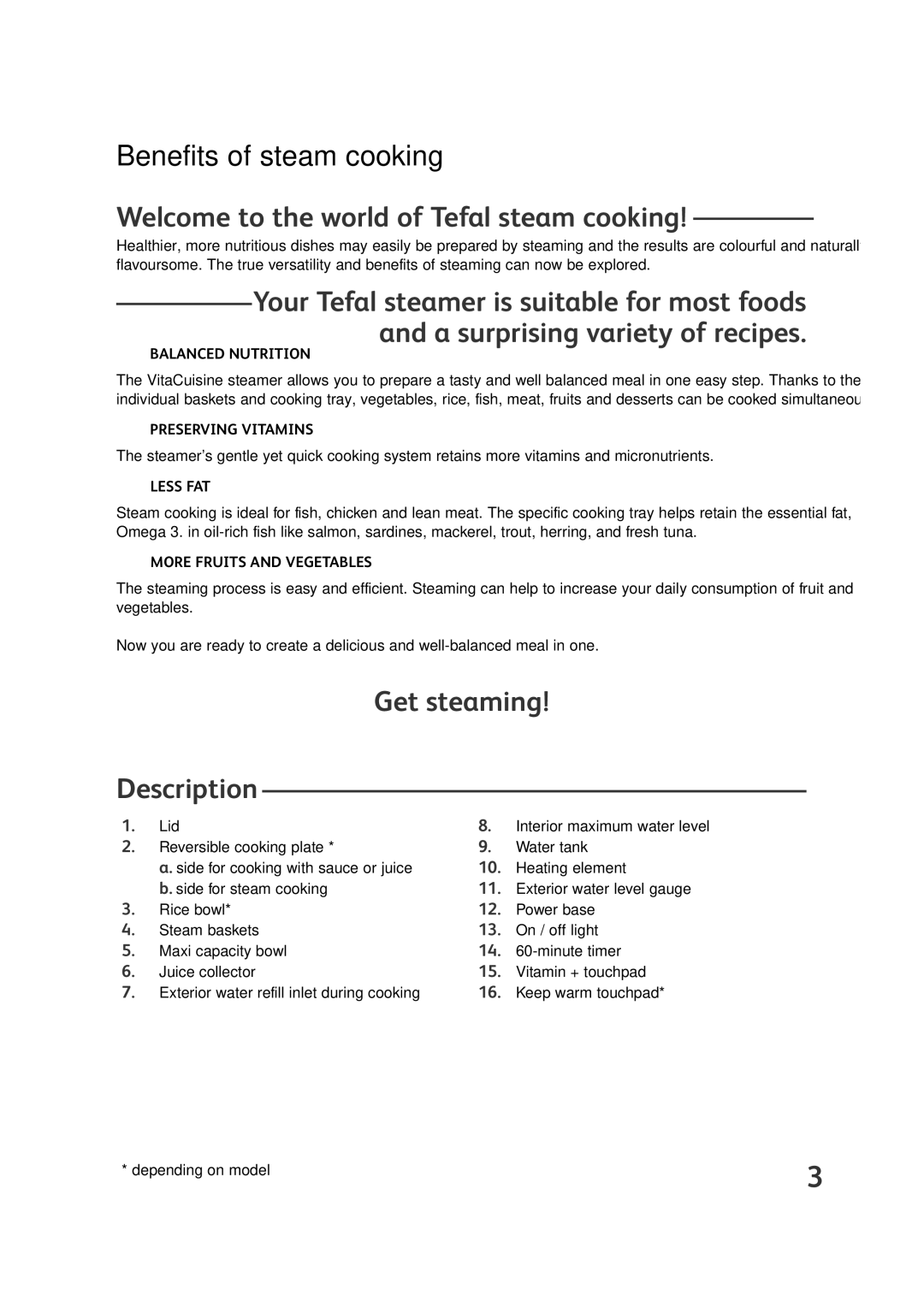 Groupe SEB USA - T-FAL VS4001 manual Welcome to the world of Tefal steam cooking, Get steaming Description 