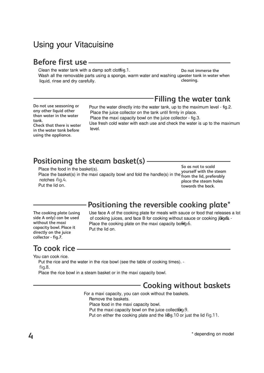 Groupe SEB USA - T-FAL VS4001 manual Before first use, Filling the water tank, Positioning the steam baskets, To cook rice 