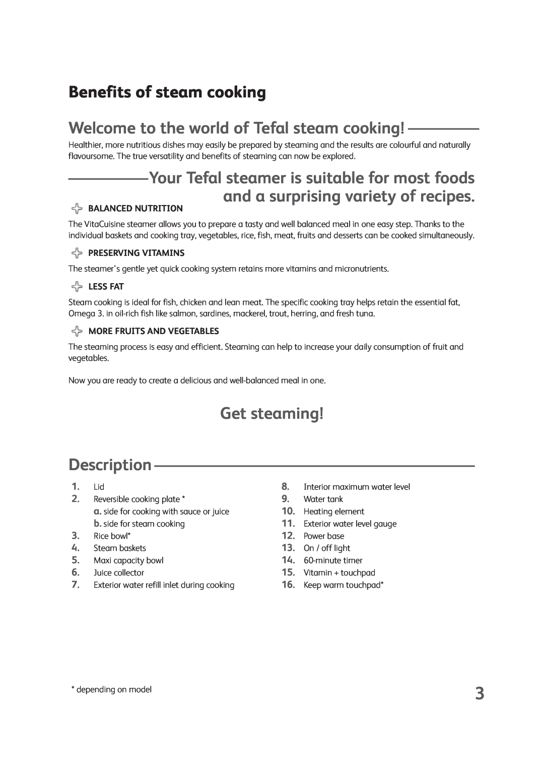 Groupe SEB USA - T-FAL VS4001 Benefits of steam cooking, Welcome to the world of Tefal steam cooking, Balanced Nutrition 