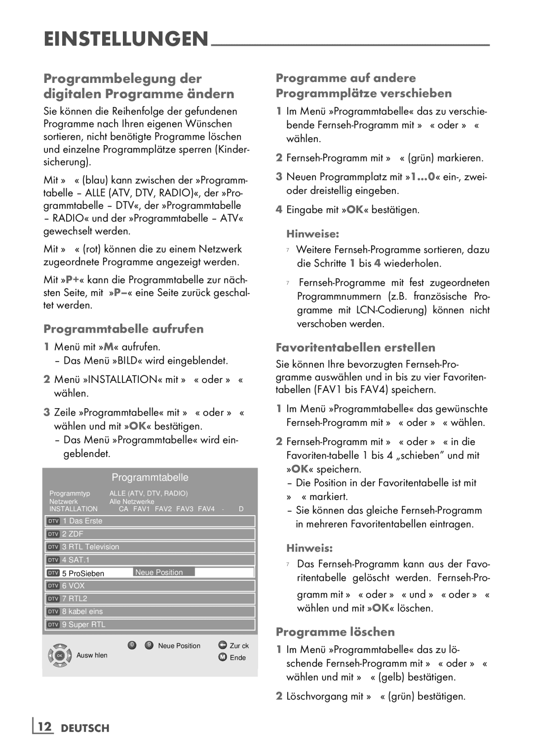 Grundig 19 VLC 2000 T manual Programmbelegung der digitalen Programme ändern, Programmtabelle aufrufen, Programme löschen 