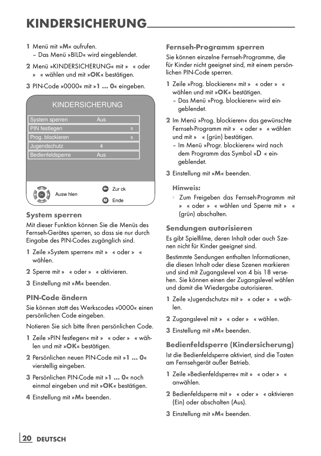 Grundig 19 VLC 2000 T Kindersicherung, System sperren, PIN-Code ändern, Fernseh-Programm sperren, Sendungen autorisieren 