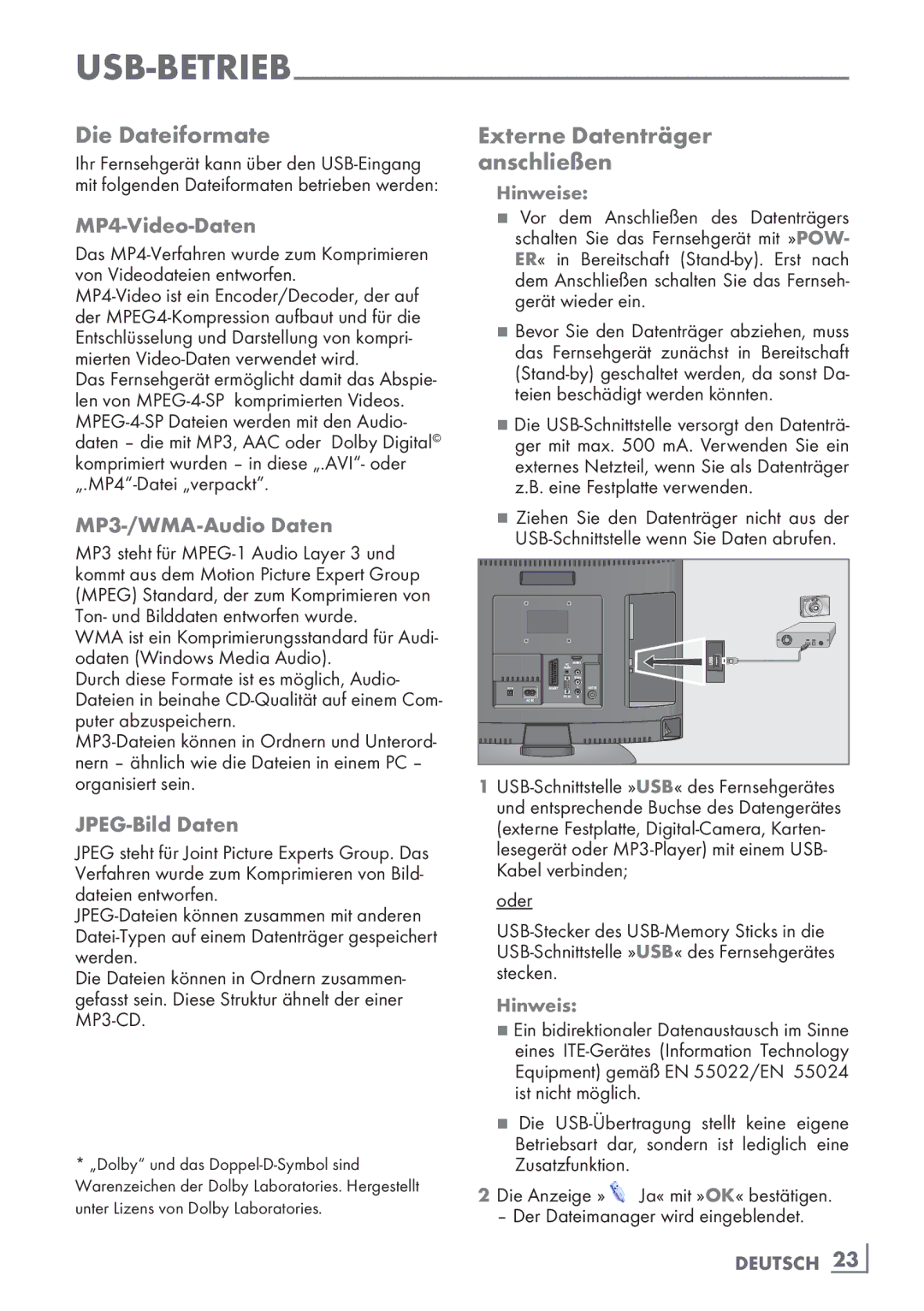 Grundig 19 VLC 2000 T manual Die Dateiformate, Externe Datenträger anschließen, MP4-Video-Daten, MP3-/WMA-Audio Daten 