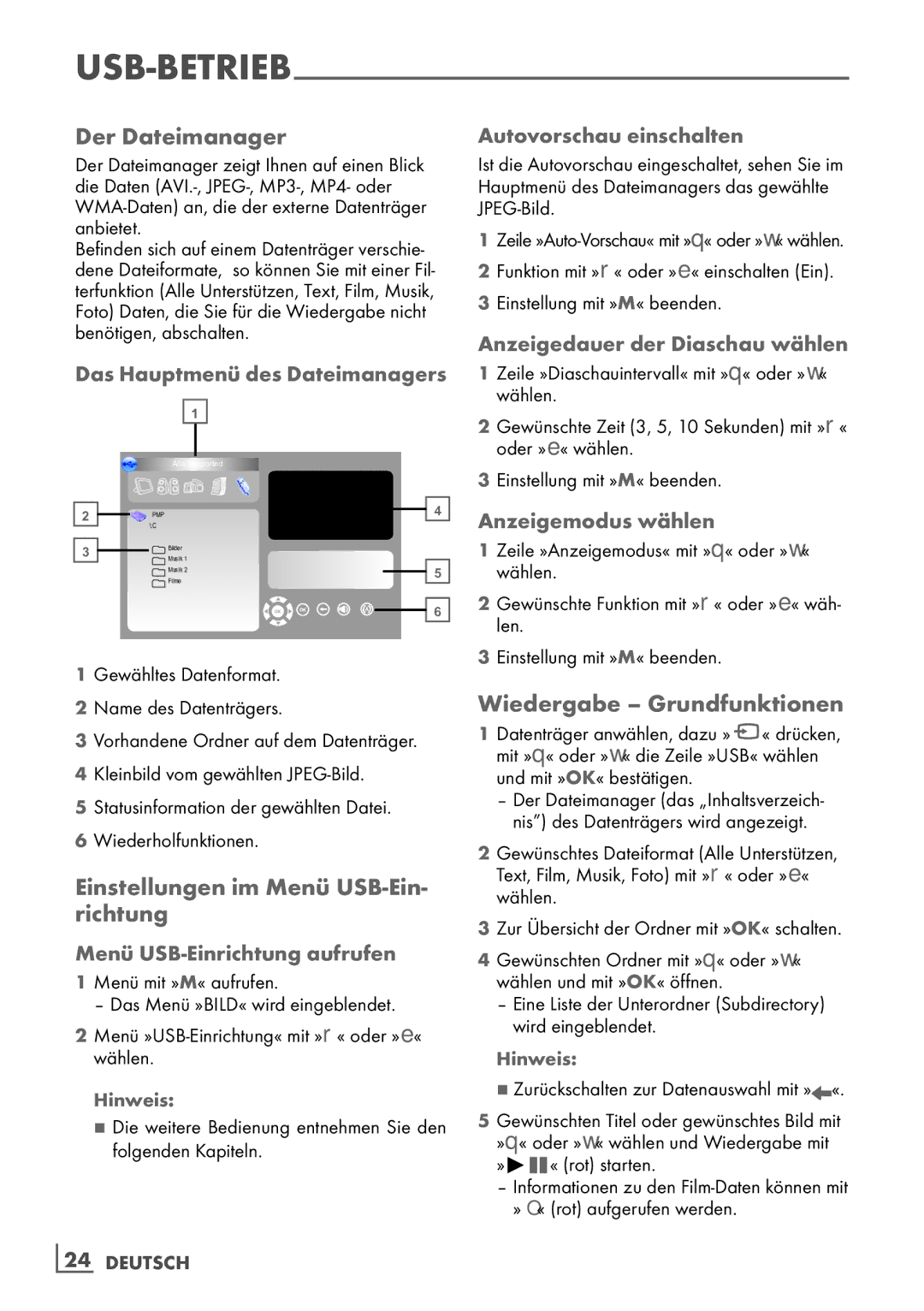 Grundig 19 VLC 2000 T manual Der Dateimanager, Einstellungen im Menü USB-Ein- richtung, Wiedergabe Grundfunktionen 