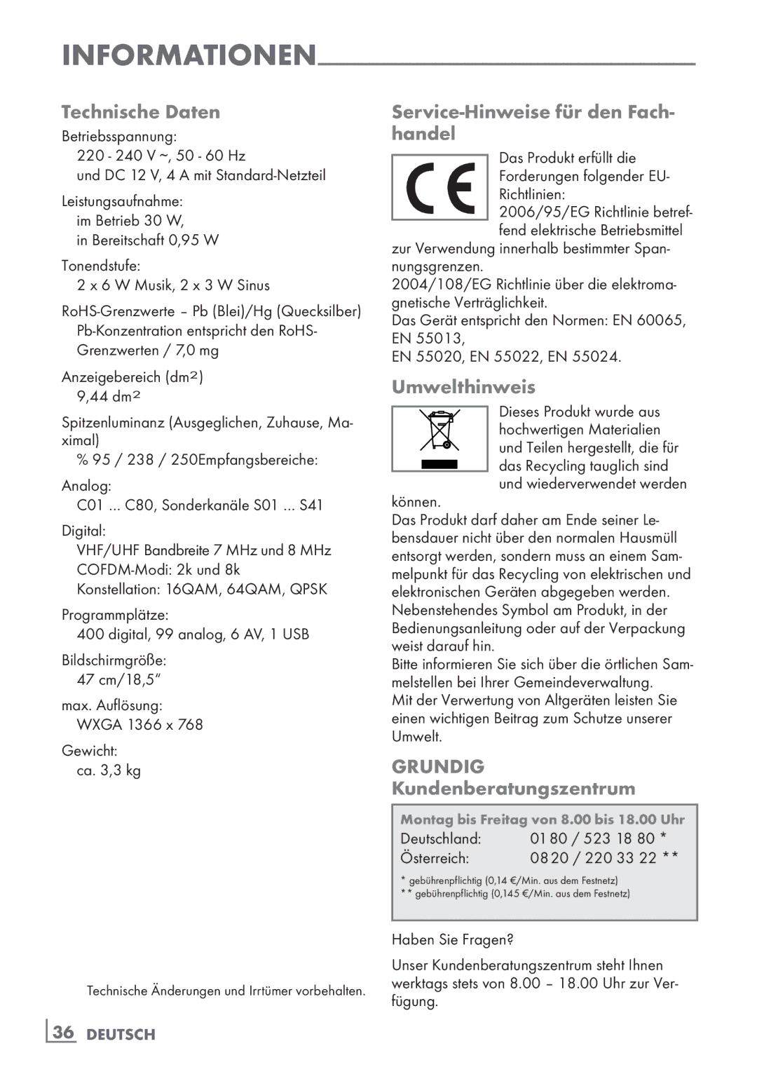 Grundig 19 VLC 2000 T manual Technische Daten, Service-Hinweise für den Fach- handel, Umwelthinweis, Informationen 