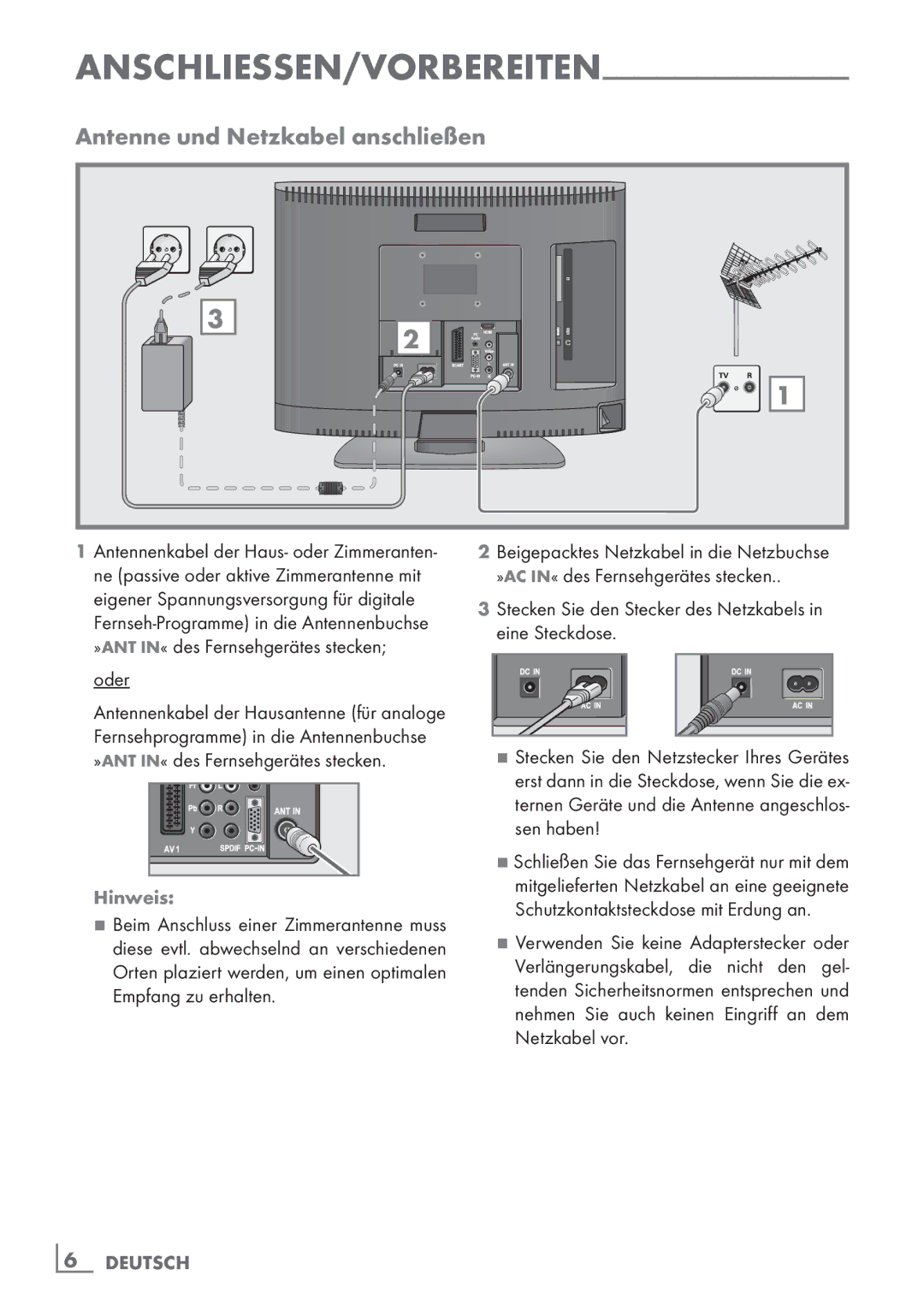 Grundig 19 VLC 2000 T manual Antenne und Netzkabel anschließen, Anschliessen/Vorbereiten, Hinweis 