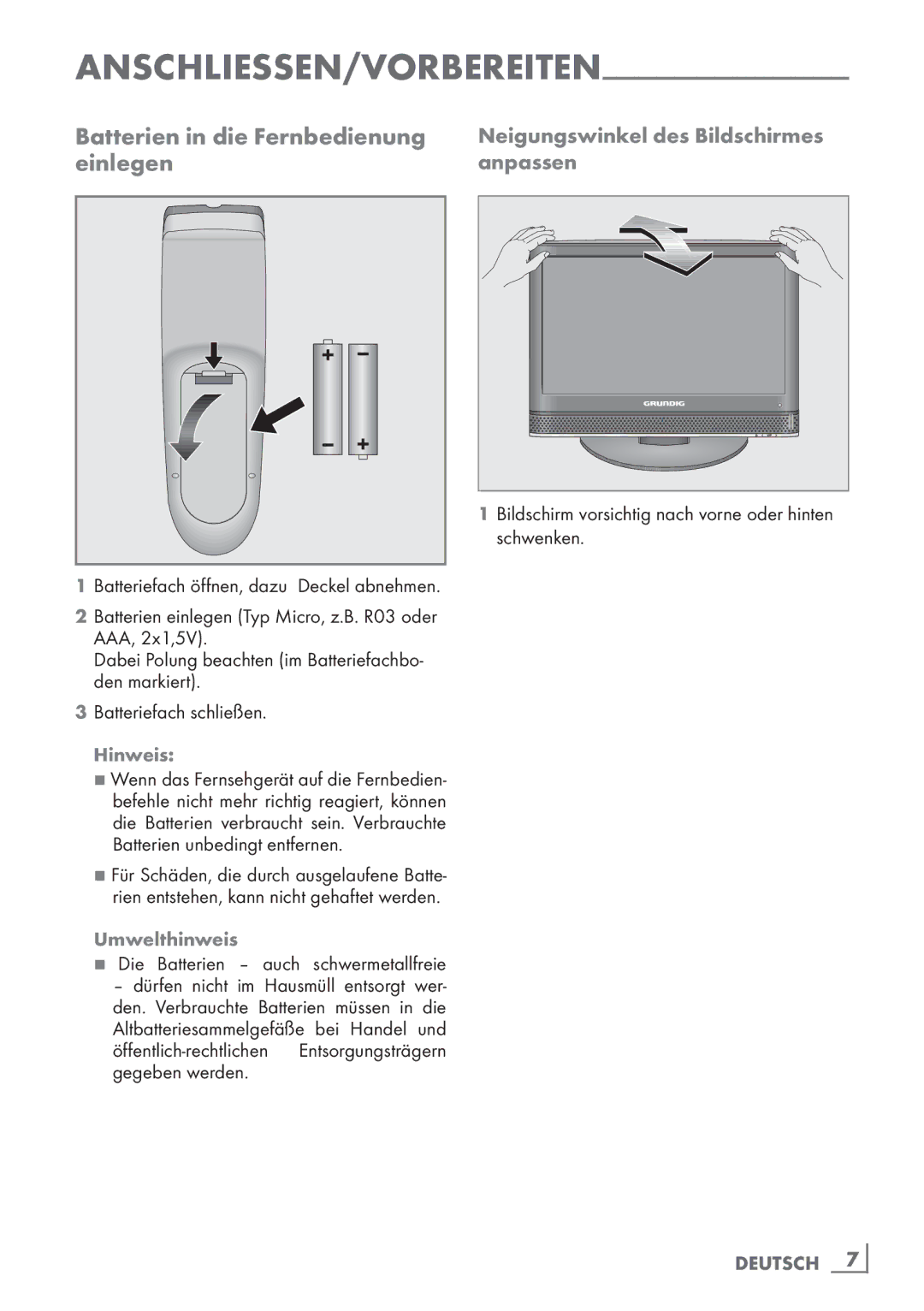 Grundig 19 VLC 2000 T Batterien in die Fernbedienung einlegen, Neigungswinkel des Bildschirmes anpassen, Umwelthinweis 