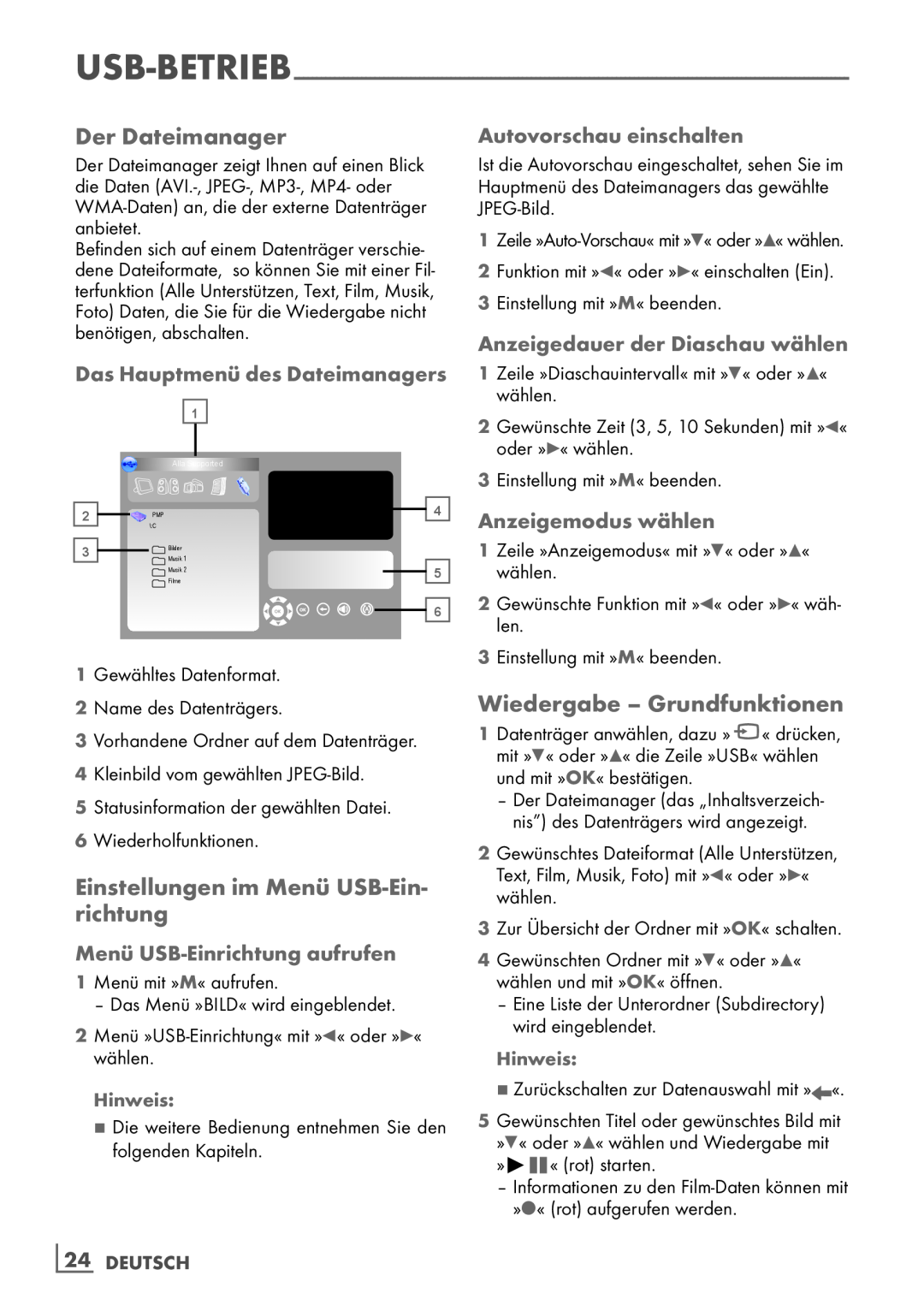 Grundig 19 VLC 2000 T Der Dateimanager, Einstellungen im Menü USB-Ein- richtung, Wiedergabe - Grundfunktionen, 24­ DEUTSCH 