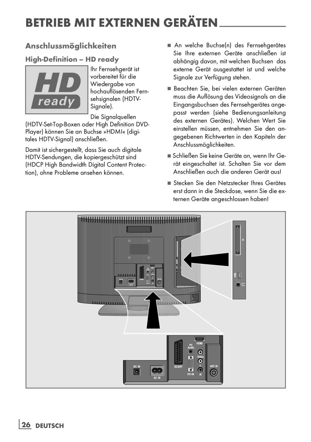 Grundig 19 VLC 2000 T manual Anschlussmöglichkeiten, High-Definition - HD ready, 26­ DEUTSCH 