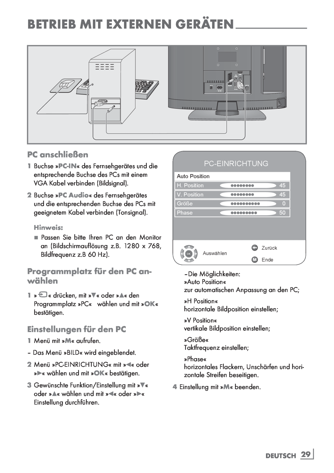 Grundig 19 VLC 2000 T manual PC anschließen, Programmplatz für den PC an- wählen, Einstellungen für den PC, Pc-Einrichtung 
