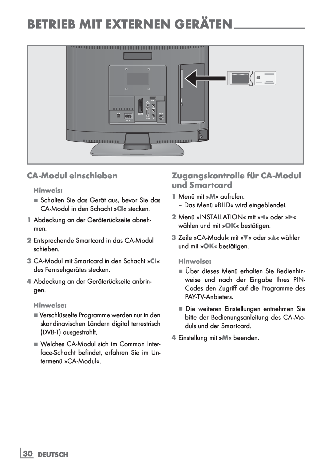 Grundig 19 VLC 2000 T manual CA-Modul einschieben, Zugangskontrolle für CA-Modul und Smartcard, 30­ DEUTSCH 