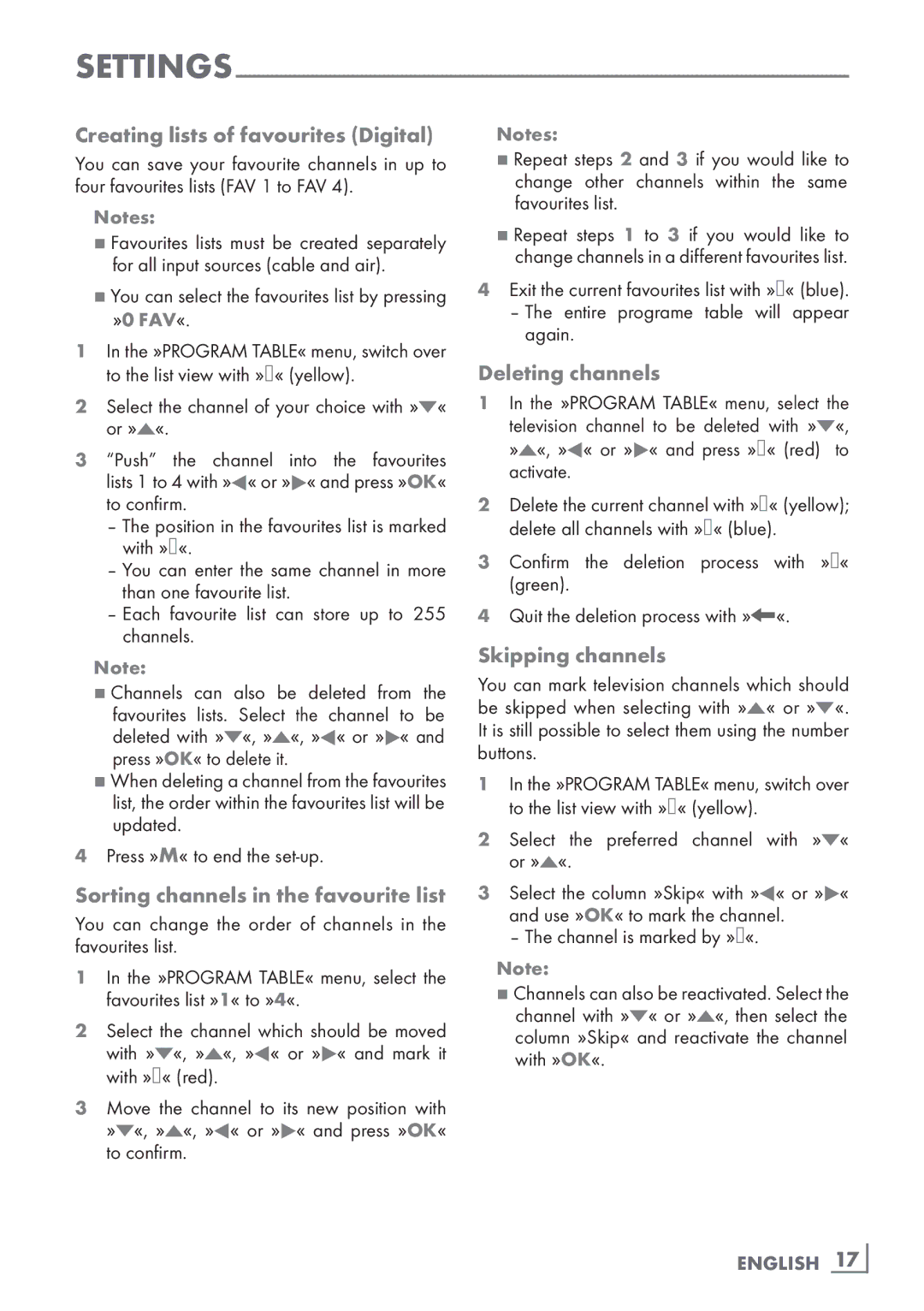 Grundig 22 VLC 2103 C Creating lists of favourites Digital, Sorting channels in the favourite list, Deleting channels 