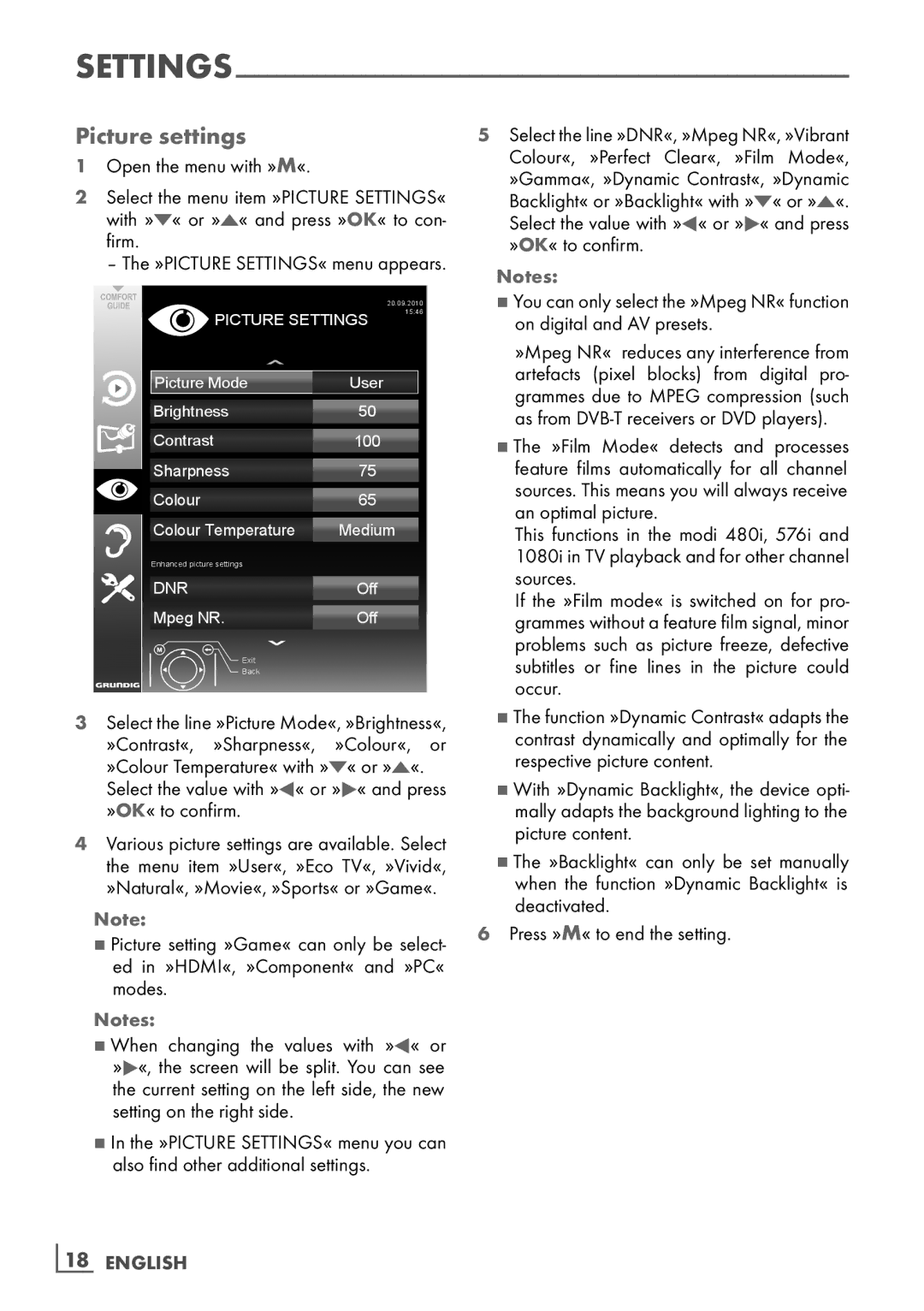 Grundig 22 VLC 2103 C manual Picture settings, Select the value with »B« or »A« and press »OK« to confirm 