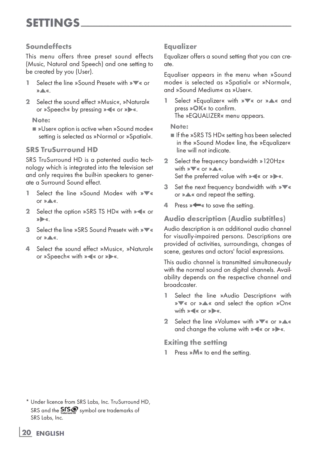 Grundig 22 VLC 2103 C Soundeffects, SRS TruSurround HD, Equalizer, Audio description Audio subtitles, Exiting the setting 