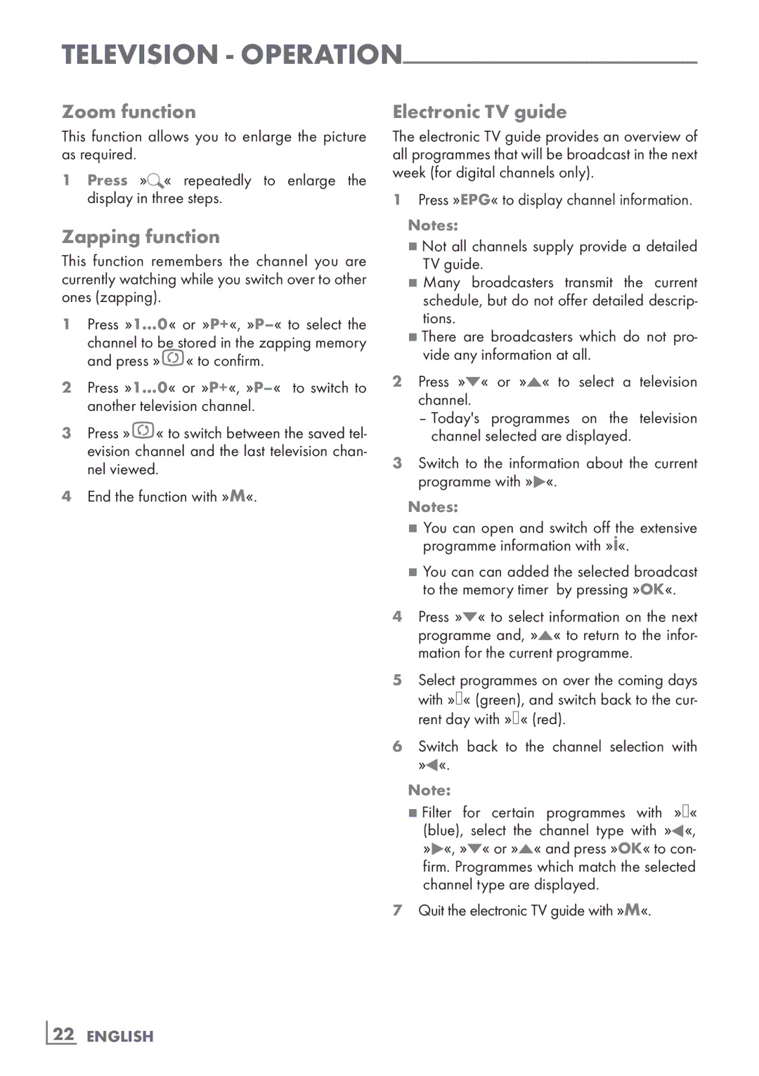 Grundig 22 VLC 2103 C manual Zoom function, Zapping function, Electronic TV guide, »B« 