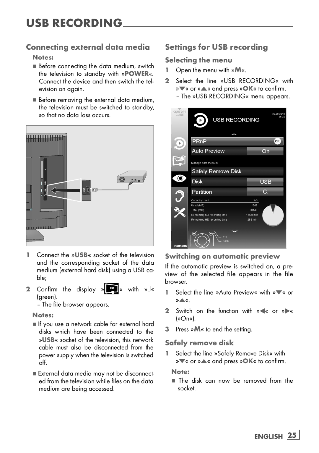 Grundig 22 VLC 2103 C Connecting external data media, Settings for USB recording, Selecting the menu, Safely remove disk 