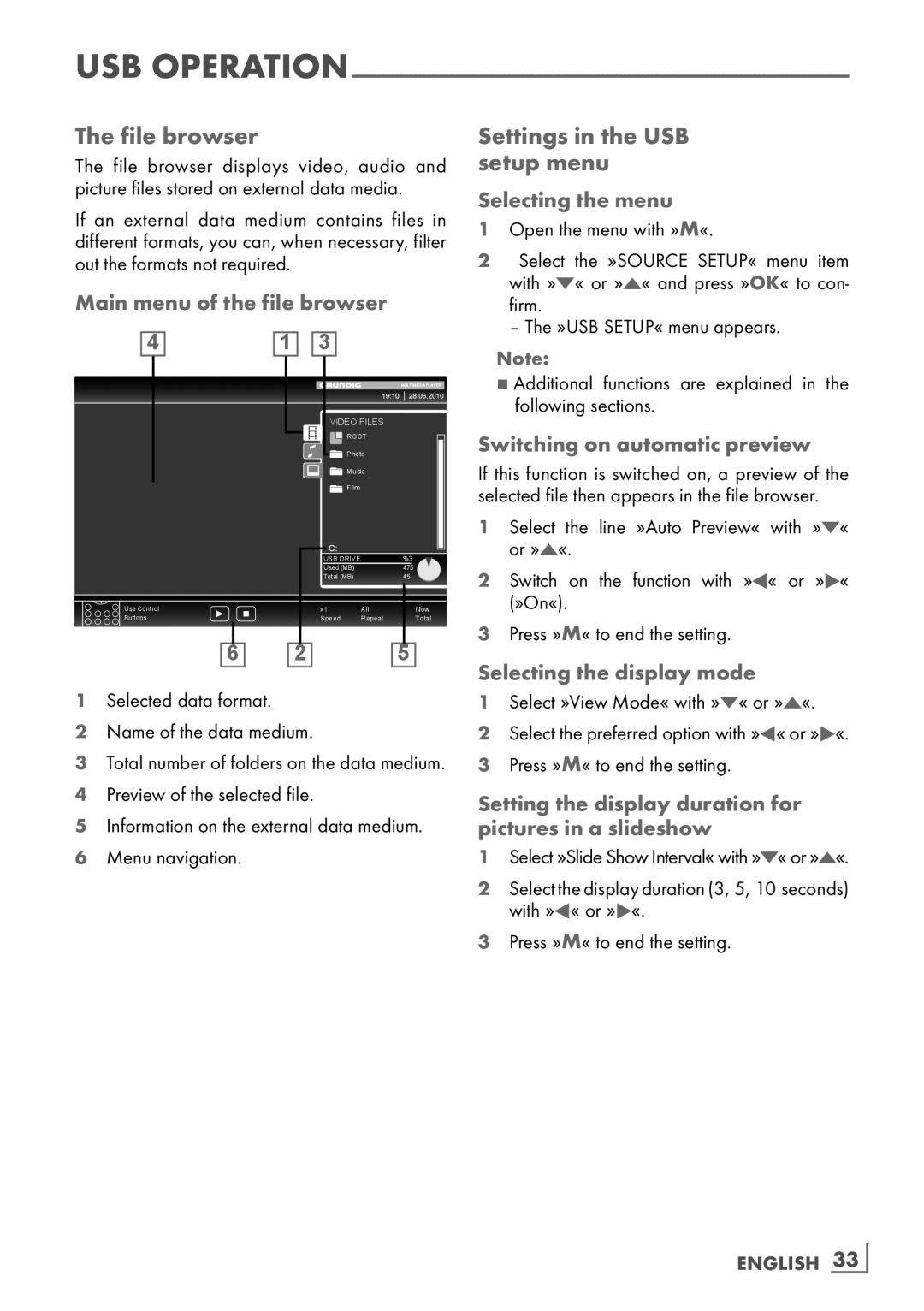 Grundig 22 VLC 2103 C manual File browser, Settings in the USB ­ setup menu, Main menu of the file browser 