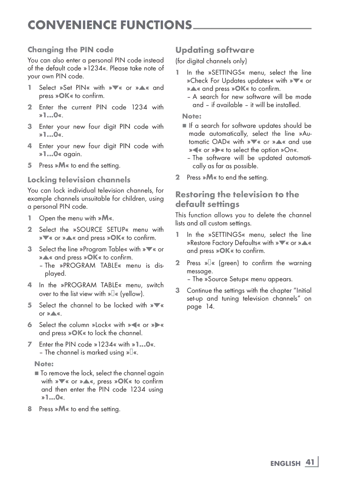 Grundig 22 VLC 2103 C Updating software, Restoring the television to the default settings, Locking television channels 