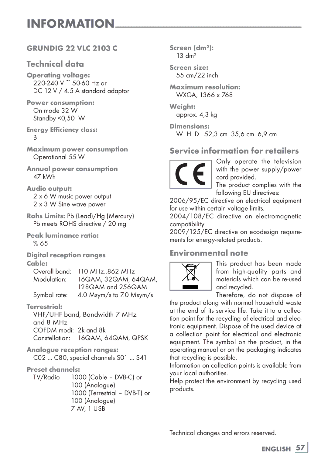 Grundig 22 VLC 2103 C manual Technical data, Service information for retailers, Environmental note 