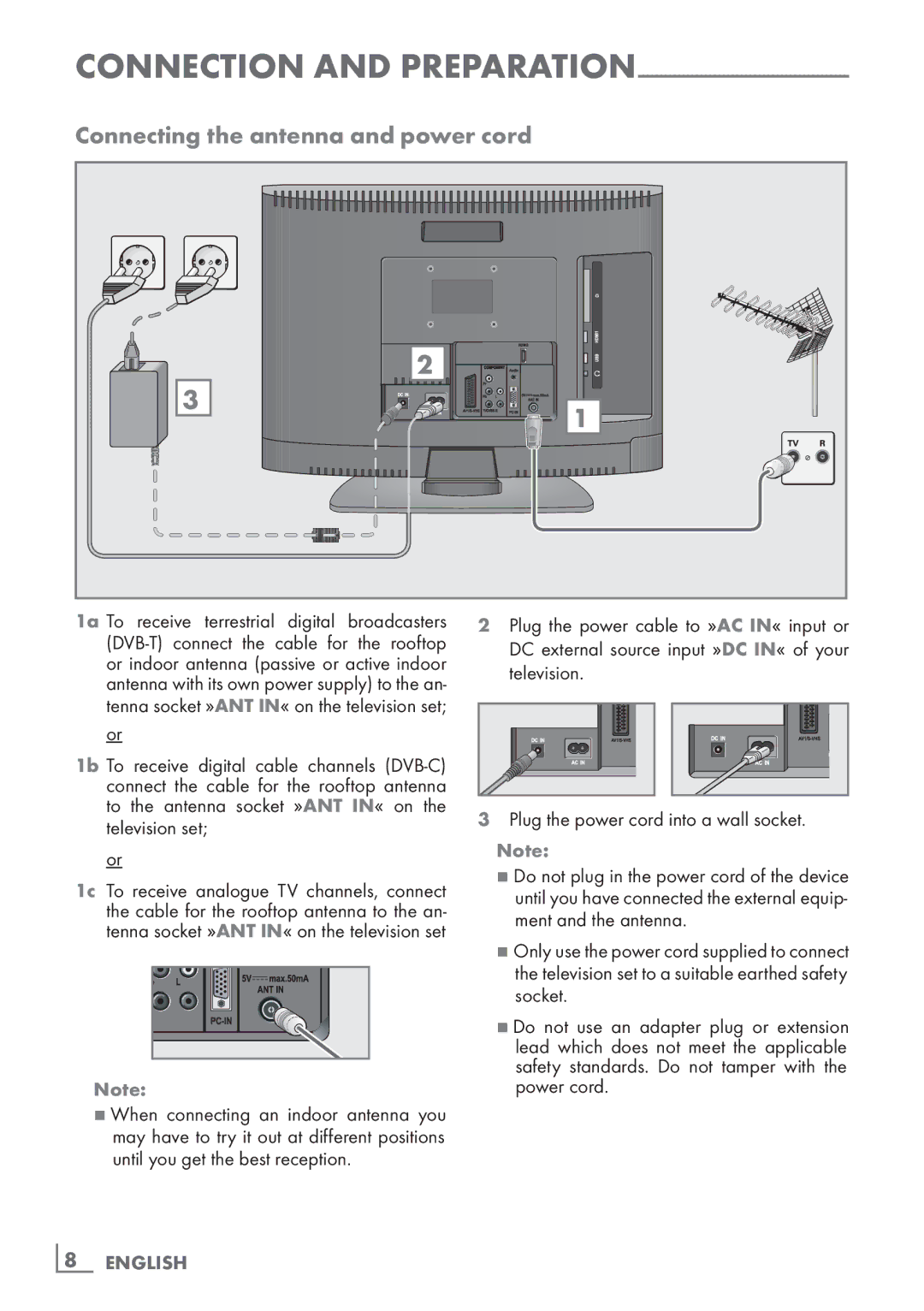 Grundig 22 VLC 2103 C manual Connecting the antenna and power cord, Connection and preparation 