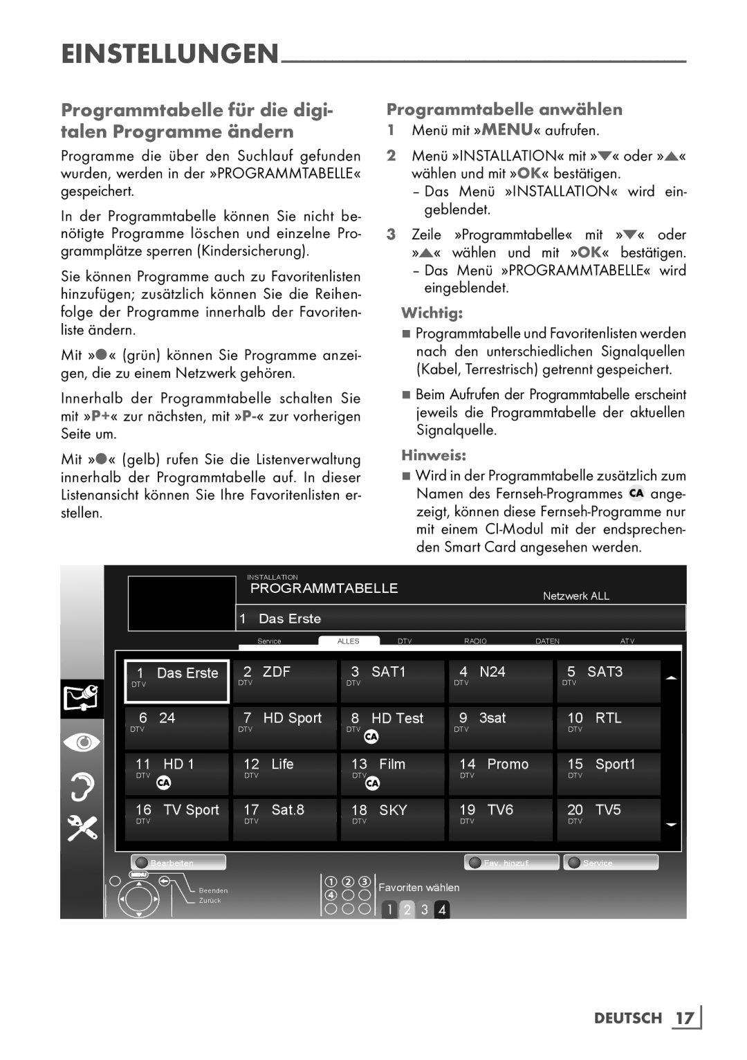 Grundig 22 VLE 2100 DVD manual Programmtabelle für die digi­ talen Programme ändern, Programmtabelle anwählen, Wichtig 