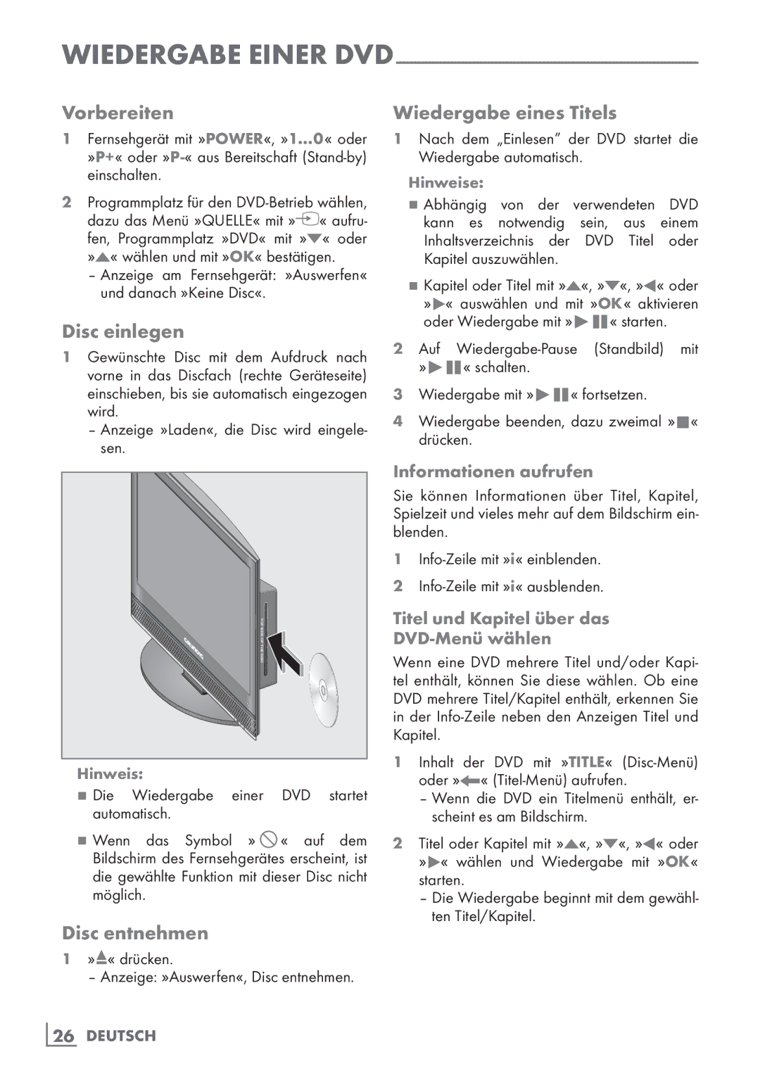 Grundig 22 VLE 2100 DVD manual Vorbereiten, Disc einlegen, Wiedergabe eines Titels, Disc entnehmen 