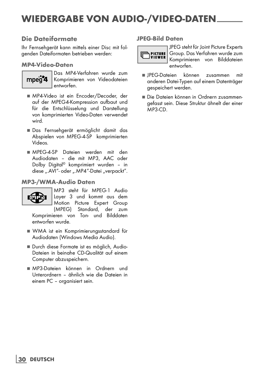 Grundig 22 VLE 2100 DVD manual Die Dateiformate, MP4-Video-Daten, MP3-/WMA-Audio Daten, JPEG-Bild Daten 