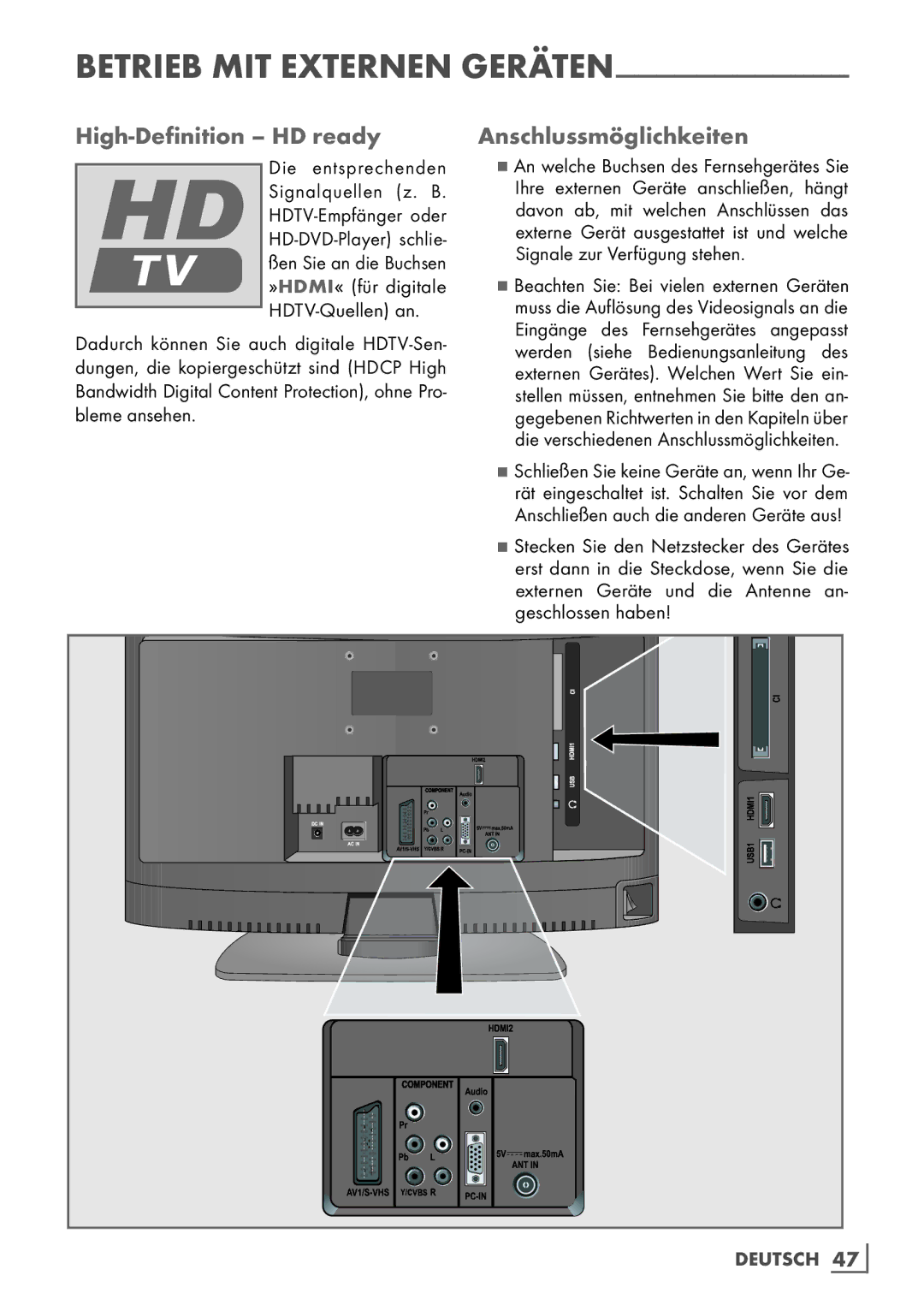 Grundig 22 VLE 2100 DVD manual High-Definition HD ready Anschlussmöglichkeiten 